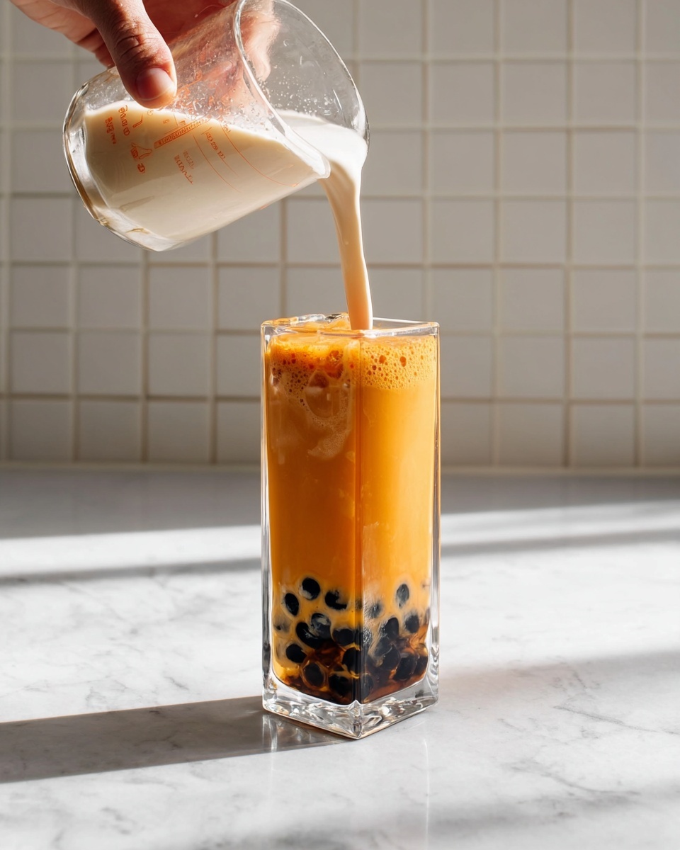 The image shows a tall, clear rectangular glass filled with three visible layers of bubble tea on a white marbled surface with white tiled background. The bottom layer is made up of black tapioca pearls. Above this is a thick, smooth, orange tea layer filling most of the glass. A woman's hand is seen in two actions; first, pouring the orange tea from a glass measuring cup into the glass, and second, pouring a creamy white liquid from a small white pitcher into the tea, creating a swirling, mixing effect at the top layer. The lighting casts soft shadows from the right side, highlighting the textures and colors. photo taken with an iphone --ar 4:5 --v 7