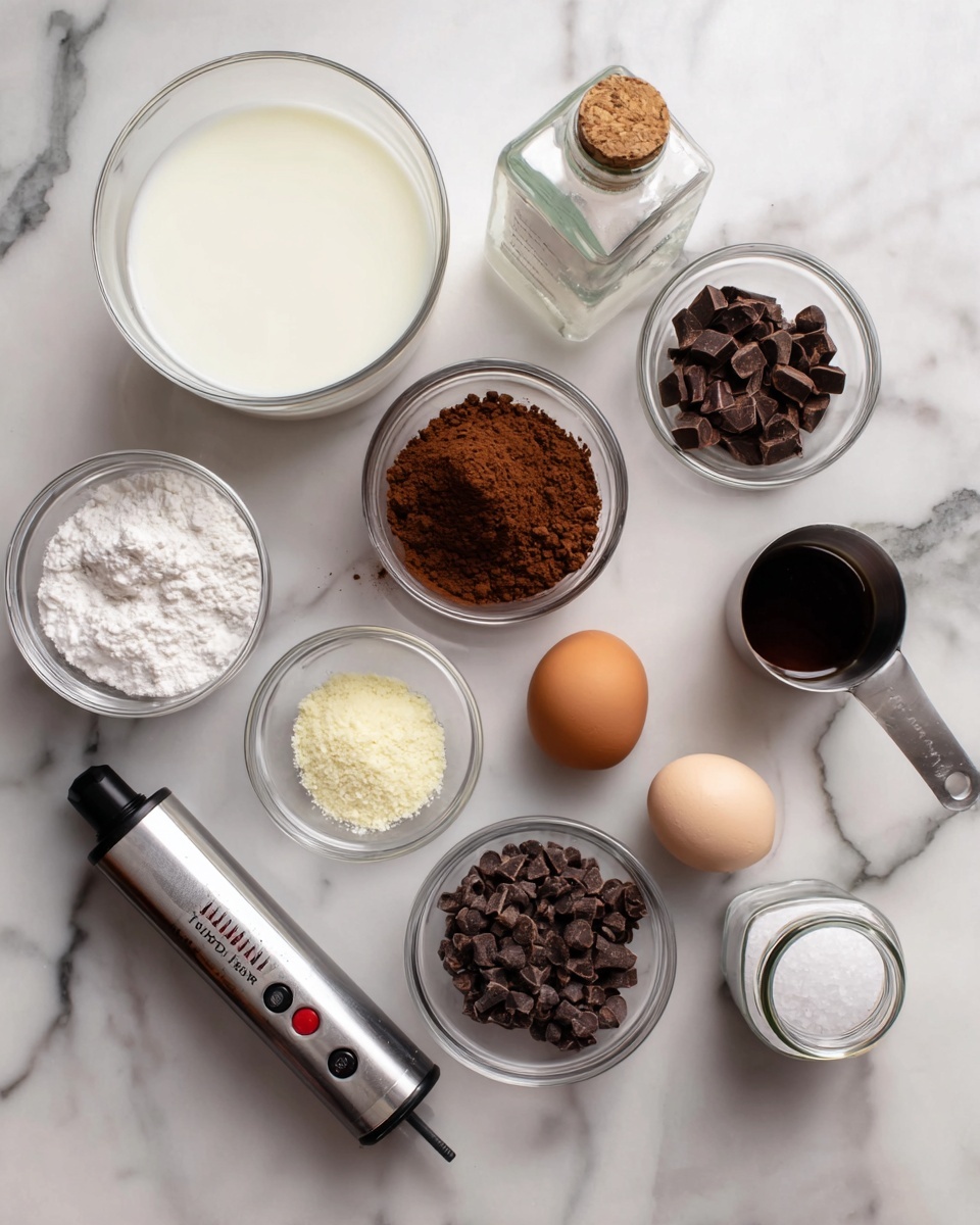 The image shows several glass bowls with ingredients arranged on a white marbled surface. One large bowl holds white liquid, likely milk or cream. Smaller bowls contain dark brown cocoa powder, crushed light brown nuts or crumbs, white sugar, and dark chocolate chips. Two eggs are placed near a small metal measuring cup with a dark liquid, probably vanilla or coffee. There are two small glass jars, one with coarse white salt and the other labeled