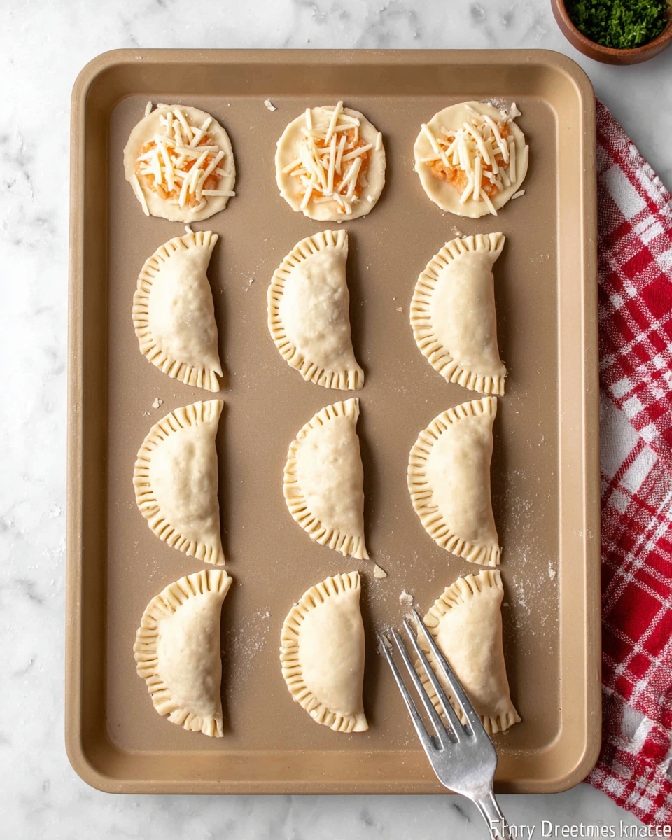 A tan baking tray holds twelve small round dough pieces arranged in a grid over four rows, each about cookie size; the top row shows three flat dough circles, each topped with a small amount of orange filling in the center and a few thin shredded white cheese strips, while the next three rows display nine half-moon shaped dough pockets sealed along the edges with fork marks and some filling slightly visible at the seams. A silver fork touches one of the dough pockets in the bottom right area of the tray. The tray is placed on a white marbled surface with a red and white checkered cloth partially visible at the top right corner. photo taken with an iphone --ar 4:5 --v 7