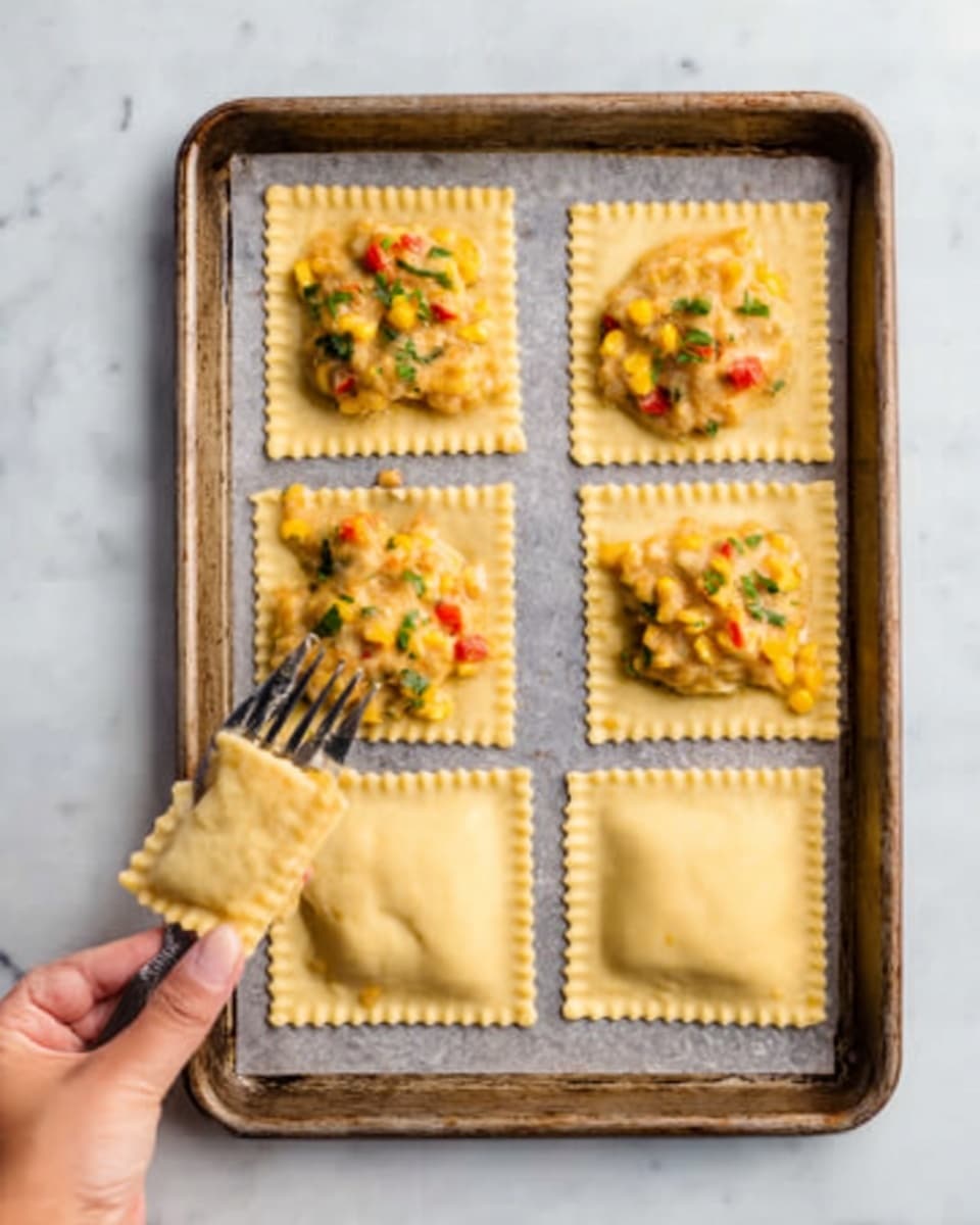 The image shows a baking tray with six square pasta pockets arranged in two rows. The top row has four open ravioli squares filled with a mix of yellow pasta dough, orange cheese, small green herbs, and bits of red pepper, with the texture looking soft and slightly rough. The bottom row has two closed ravioli squares with crimped edges that are light yellow and smooth. A woman's hand holding a fork is lifting one of the closed ravioli pieces from the bottom left corner. The tray sits on a white marbled surface. photo taken with an iphone --ar 4:5 --v 7