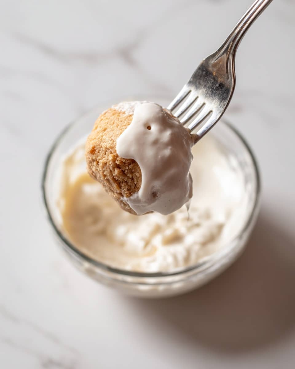 The image shows a silver fork holding a half-dipped dumpling covered in a thick white sauce. The dumpling is round with a slightly browned and textured surface. The sauce is creamy and smooth, filling the background inside a clear glass bowl with some sauce splashes on its sides. The setting features a clean white marbled surface. photo taken with an iphone --ar 4:5 --v 7