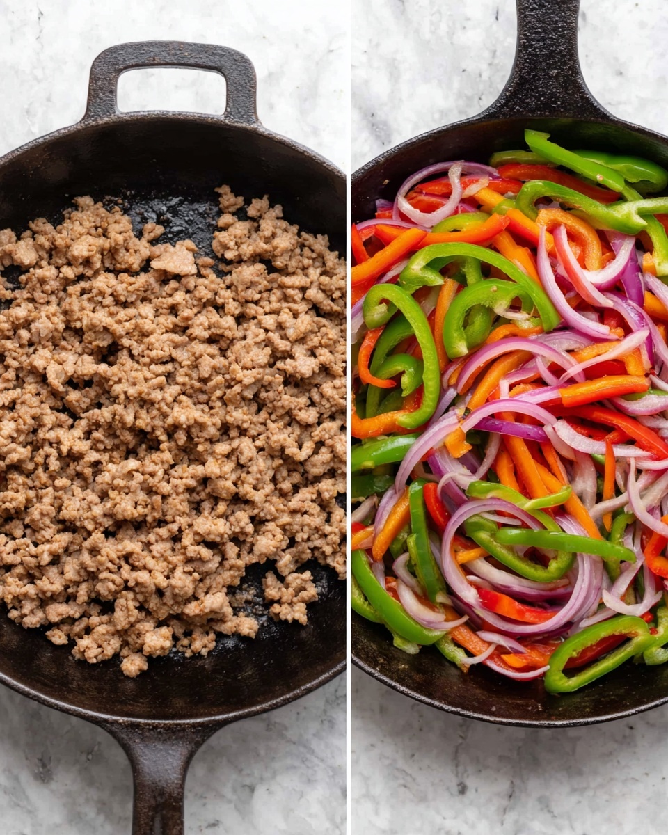 The image shows two black cast iron pans on a white marbled surface. The pan on the left contains a single layer of cooked ground meat, light brown with small crumbled pieces covering the entire pan. The pan on the right holds sliced vegetables including red and green bell peppers, and thinly sliced light purple onions. The vegetables are spread in a loose single layer, showing bright, fresh colors with a glossy texture from being cooked, against the dark pan. Photo taken with an iphone --ar 4:5 --v 7