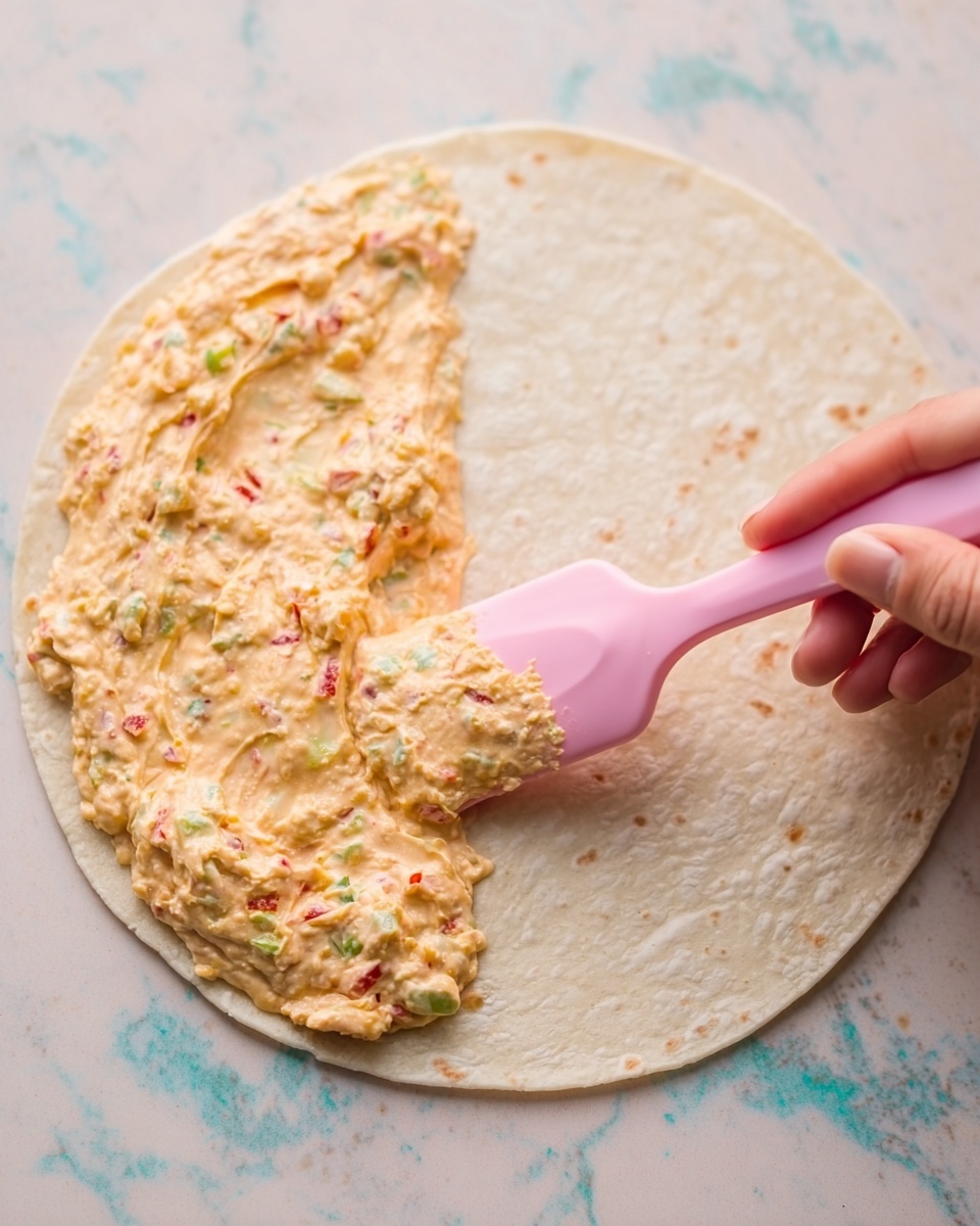 The image shows a round flat tortilla on a white marbled surface. A creamy, light orange spread with green and red bits is being spread evenly on the left half of the tortilla using a pink spatula held by a woman's hand, positioned at the top right. The spread has a slightly chunky texture with visible small pieces mixed inside. The right half of the tortilla is plain and smooth, creating a clear contrast with the textured spread on the left side. Photo taken with an iphone --ar 4:5 --v 7