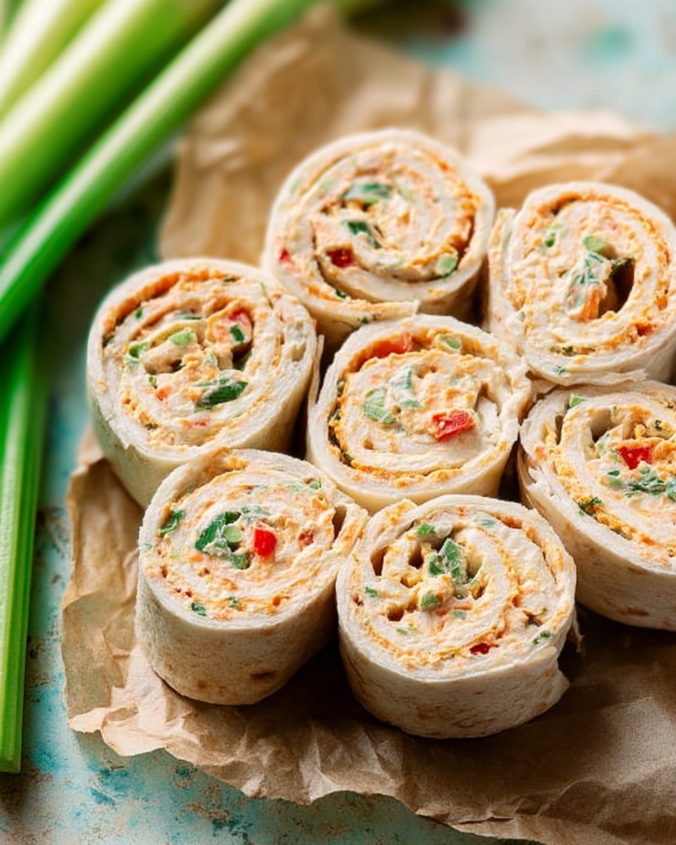 The image shows a close-up view of nine tortilla roll slices arranged in three rows on crumpled brown paper. Each slice has multiple layers: a soft white tortilla exterior, inside filled with a creamy mixture that appears to have orange, green, and red bits, likely vegetables and herbs, giving a speckled look. The filling is smooth with some visible small pieces of green and red, adding color contrast. The rolls are placed on a white marbled surface, and in the background, there are out-of-focus green celery stalks. The overall look is fresh and inviting. photo taken with an iphone --ar 4:5 --v 7