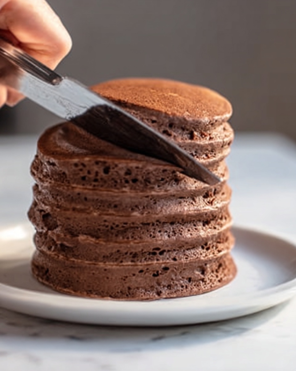 A stack of six thick chocolate pancakes sits on a plain white plate on a white marble surface. The pancakes are a deep brown color with a smooth, slightly glossy texture, showing some light air bubbles on the edges. A woman's hand is holding a metal spatula, gently lifting one pancake from the middle of the stack, creating a small gap that reveals the soft, fluffy inside layers. The lighting softly highlights the rich chocolate tone and the thickness of each pancake. Photo taken with an iphone --ar 4:5 --v 7