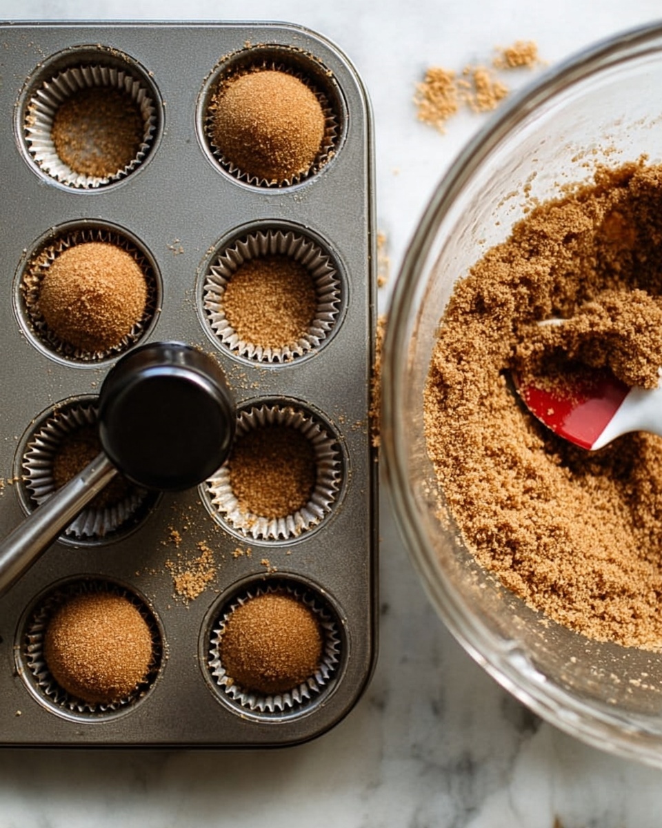A dark gray metal muffin tray with 12 cups is shown, with 8 cups partly filled with a light brown crumbly mixture. A flat, black tamping tool rests diagonally across the tray, pressing down the crumbs in some cups into smooth, rounded layers. To the right, a large clear glass bowl holds more of the same crumbly mixture with a red and white spoon partially buried inside. The whole scene is placed on a white marbled surface. The colors are soft and natural, showing different shades of brown and smooth textures. photo taken with an iphone --ar 4:5 --v 7
