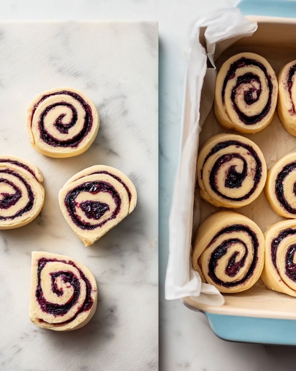 The image shows freshly made cinnamon roll dough spirals filled with a dark purple berry filling. On the left, four dough spirals are arranged on a white marbled surface, revealing soft, pale yellow dough with thick, dark purple swirls inside. The right side shows nine spirals placed evenly in a white parchment paper-lined baking dish with a pale blue exterior, ready to be baked. The rolls appear smooth and soft with visible layers of dough and filling, set against a white marbled background. Photo taken with an iphone --ar 4:5 --v 7