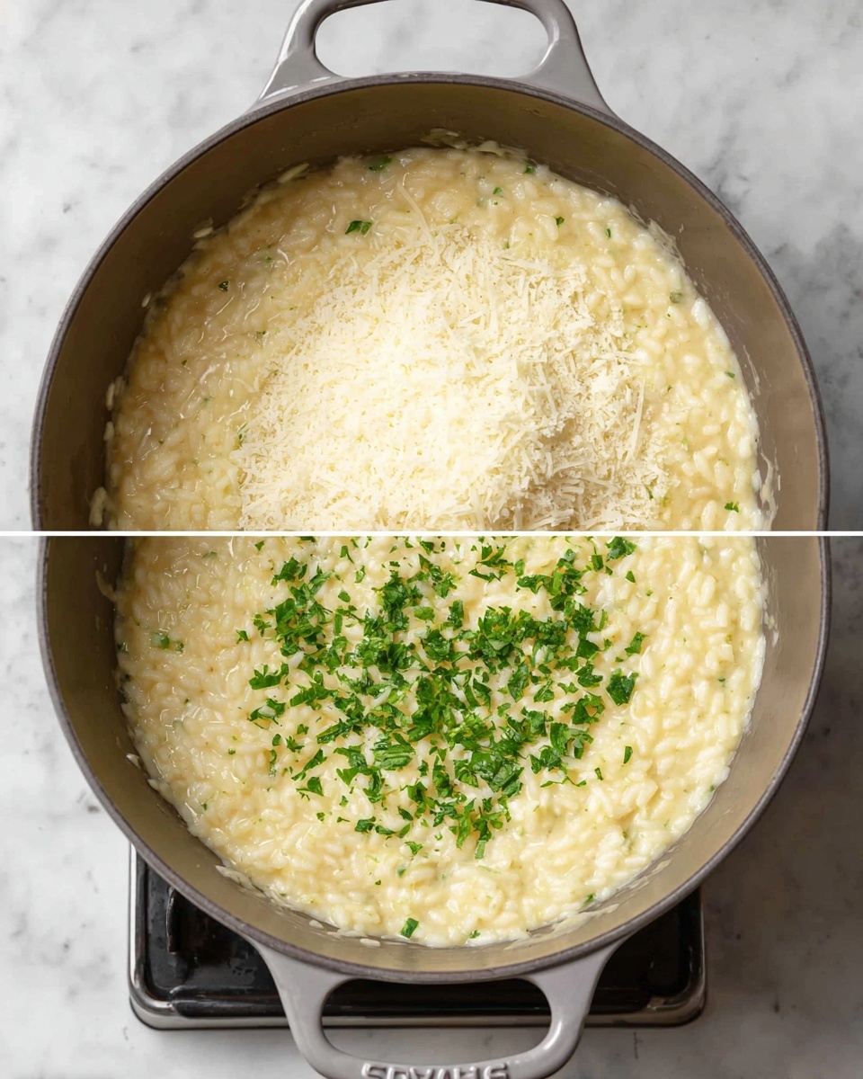 A two-layer image shows a creamy risotto inside a gray Staub pot on a white marbled surface. The first layer shows the risotto with a pale yellow color and a smooth, thick texture, topped with a mound of grated cheese in the center that is a light ivory color with a slightly coarse texture. The second layer shows the same risotto now evenly sprinkled with small pieces of fresh green parsley, adding a pop of bright green color on top of the creamy pale yellow rice. The pot handles are visible on either side, and the cooking stove beneath is partially shown. Photo taken with an iphone --ar 4:5 --v 7