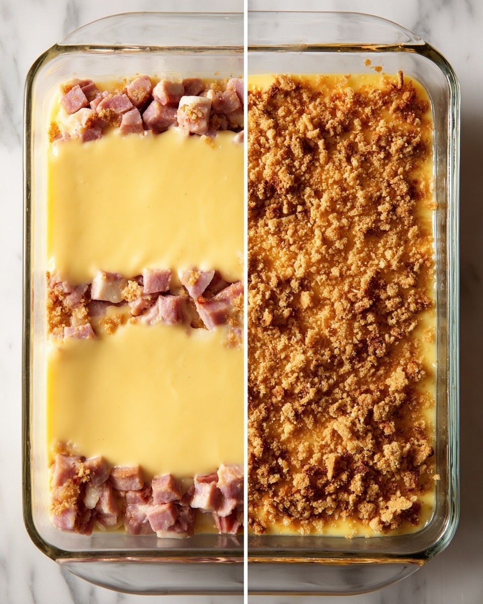 The image shows a rectangular glass baking dish with two views side by side. The left view displays two layers: the bottom layer has pieces of cooked meat with a slightly pink color, and the top layer is a thick, smooth, light yellow sauce spread evenly over the meat. The right view shows the same dish after the sauce layer is topped with a crumbly mixture of crushed crackers and crumbs, covering the surface evenly with a golden brown color. The dish sits on a white marbled surface. Photo taken with an iphone --ar 4:5 --v 7