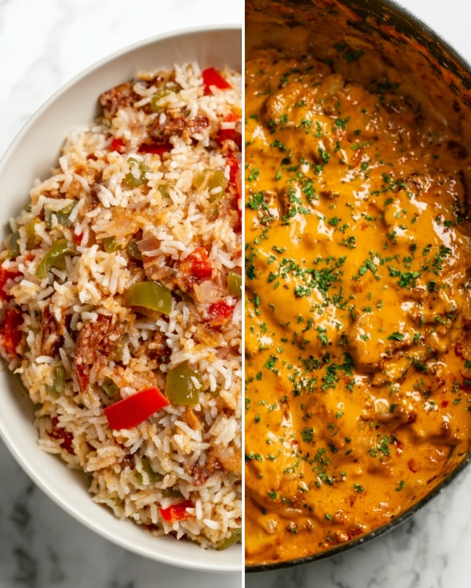 The image shows two side-by-side views of a dish in a white bowl on a white marbled surface. The left side displays a close-up of a rice mix with layers of white rice, small red and green pepper pieces, and bits of browned meat, all coated in a reddish sauce with a slightly oily texture. The right side shows the same dish cooked with a creamy orange sauce poured over the rice and meat, garnished with chopped green herbs, giving it a thick and rich look. Photo taken with an iphone --ar 4:5 --v 7