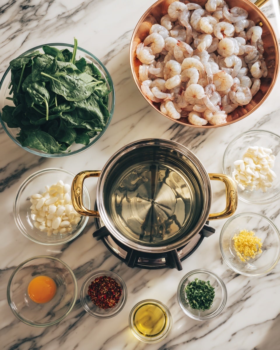 The image shows a white marbled surface with various cooking ingredients and tools arranged neatly for a shrimp dish. At the center is a shiny metal pot with golden handles sitting on a black and silver stove burner, containing clear oil. To the left is a large clear bowl filled with fresh green spinach leaves. Below it are two small glass bowls, one with sliced white garlic and the other with a beaten orange egg. To the right of the pot, there is a large shiny copper bowl filled with peeled, uncooked shrimp. Below that are several small clear bowls containing red chili flakes, golden oil, chopped green parsley, and yellow lemon zest. The scene looks clean and ready for cooking photo taken with an iphone --ar 4:5 --v 7