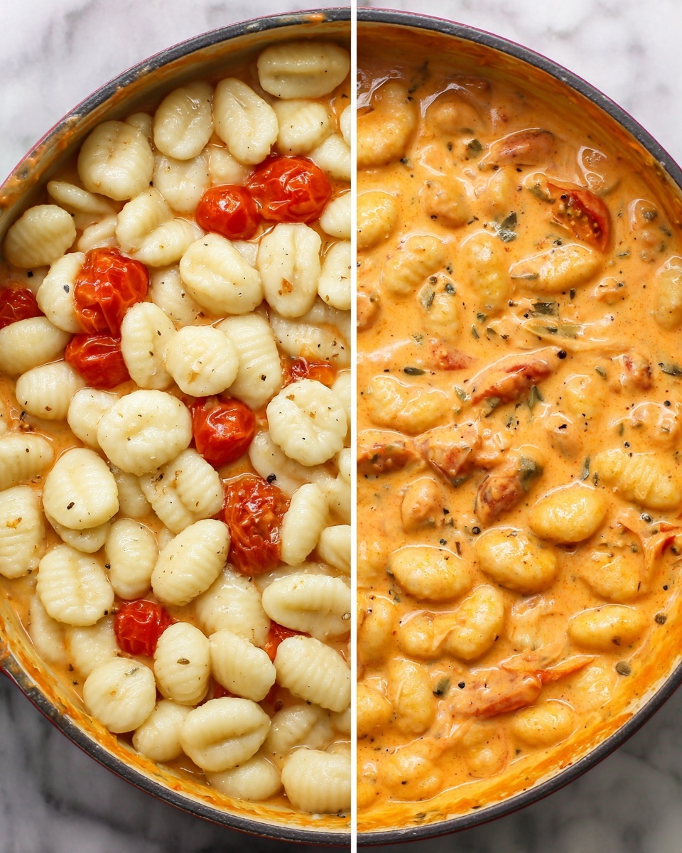 The image shows a pot of gnocchi pasta in two stages. On the left side, the gnocchi are placed on top of a sauce with visible whole cherry tomatoes and a creamy orange base with a smooth texture and some herbs. The gnocchi are white, small, and round with ridged edges, piled to cover most of the sauce underneath. On the right side, the gnocchi are mixed well with the sauce, coated evenly in a rich, creamy orange color, with the cherry tomatoes softened and partially crushed, blending into the sauce. The sauce looks thick and smooth with specks of black pepper visible throughout. The pot is round with a dark rim, set on a white marbled surface photo taken with an iphone --ar 4:5 --v 7