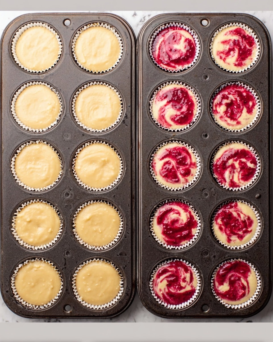 The image shows two muffin trays, each holding 12 muffins in white paper liners, placed side by side on a white marbled surface. The left tray has plain batter in each liner, smooth and pale yellow in color with a slightly thick texture. The right tray is filled with a vibrant red and white batter swirled together in each liner, creating a marbled pattern with some areas more red and others more creamy white, looking creamy and smooth. Both trays are made of dark metal with visible small holes and edges. photo taken with an iphone --ar 4:5 --v 7