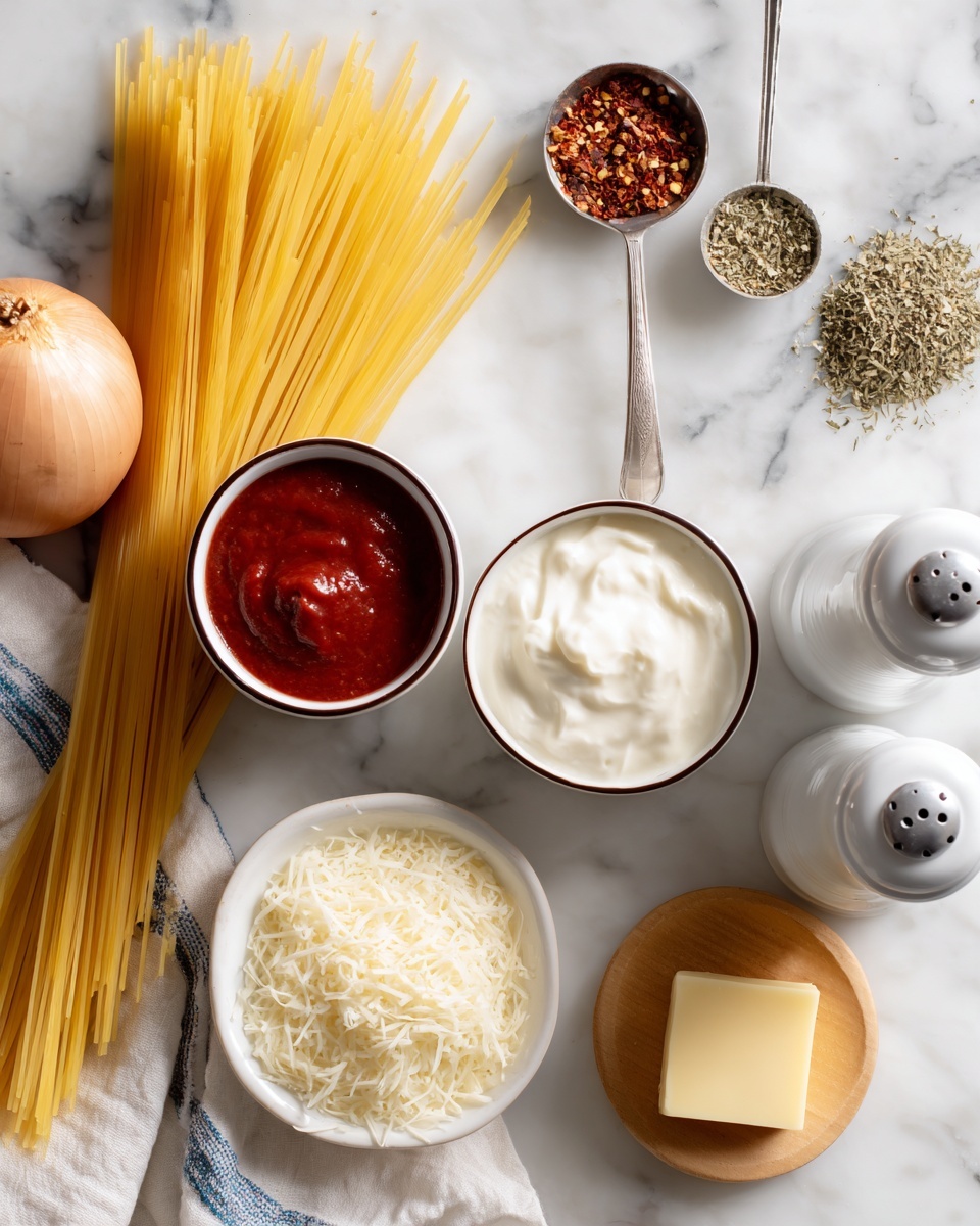 The image shows ingredients arranged neatly on a white marbled surface. In the center, there are two small white bowls with dark rims; the top bowl has a smooth red sauce, while the bottom one holds a white creamy mixture. Around the bowls, there is a bundle of uncooked yellow spaghetti tied with a white and blue cloth on the left side, a whole light brown onion and a small garlic clove near the top, and a small white bowl filled with grated cheese at the bottom right. There is a small square piece of yellow butter on a tiny wooden plate to the right, and two metal measuring spoons above the spaghetti, one filled with dried herbs and the other with small red flakes. On the far right, there are white salt and pepper grinders. Photo taken with an iphone --ar 4:5 --v 7