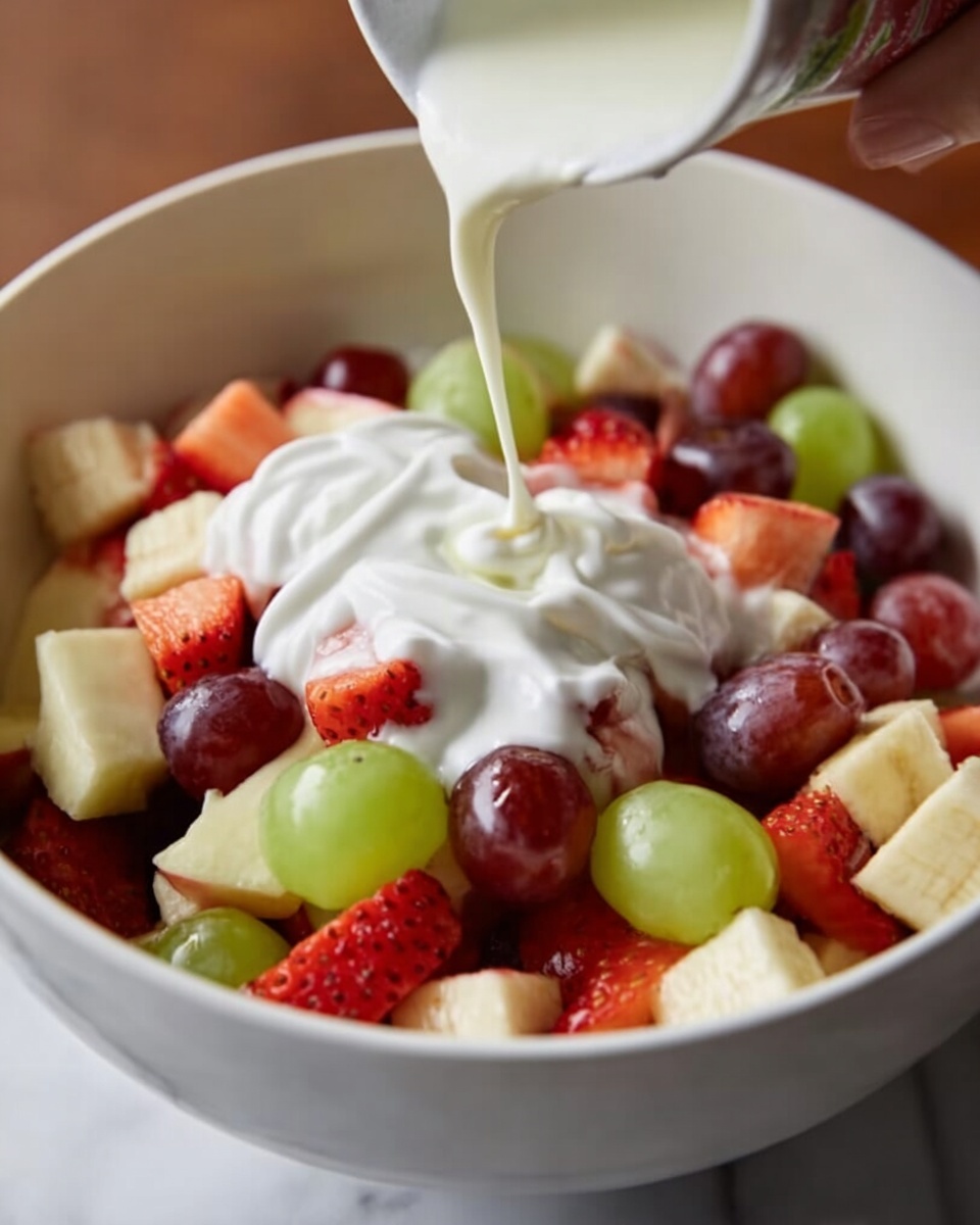 A close-up of a white bowl filled with a mix of fresh fruit pieces, including red and green grapes, strawberries, banana slices, and apple chunks, all layered together showing a colorful and fresh texture. On top of the fruit, white cream or yogurt is being poured in a thick smooth stream, creating a soft and swirled white layer in the middle. The bowl sits on a white marbled surface, and part of a woman's hand is visible holding the bowl. photo taken with an iphone --ar 4:5 --v 7