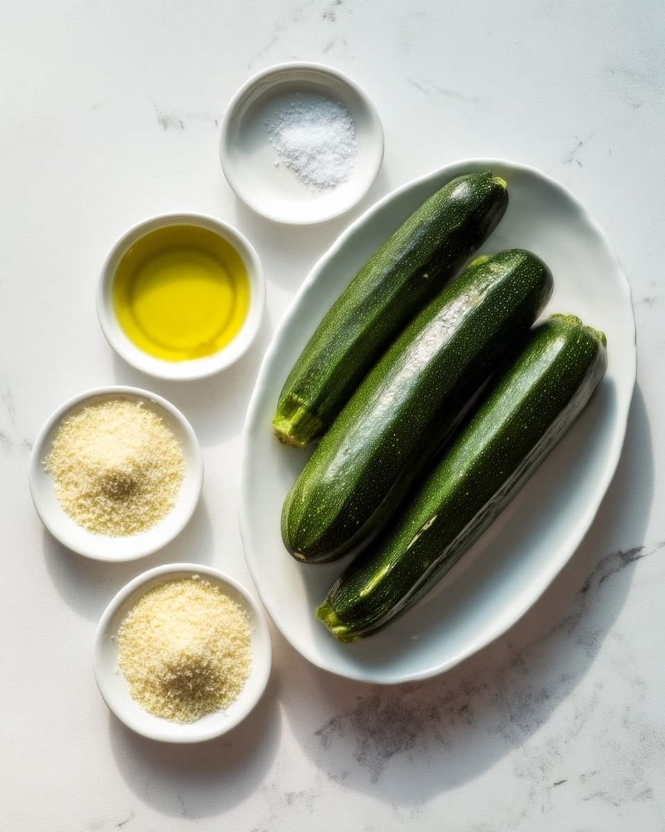 The image shows a white oval plate with two whole green zucchinis placed side by side, slightly angled. Around the plate on a white marbled surface, there are four small white bowls arranged loosely: one contains coarse salt, another has clear yellow olive oil, and the other two have different types of grated cheese, both pale yellow with a powdery texture. The lighting is soft and natural, highlighting the fresh and simple ingredients. Photo taken with an iphone --ar 4:5 --v 7