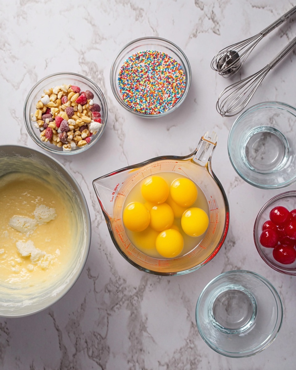 The image shows a white marbled surface with various clear glass bowls and a measuring jug. In the center, a clear glass measuring jug contains seven bright yellow egg yolks with a bit of egg white around them. To the left, a gray mixing bowl holds a creamy, pale yellow batter with a frothy texture. Nearby are three small clear glass bowls filled with colorful round sprinkles, chopped nuts, and shiny red cherries. On the right side, three empty clear glass dessert bowls each have a silver spoon resting inside them. The setup looks ready for baking or dessert preparation. Photo taken with an iphone --ar 4:5 --v 7