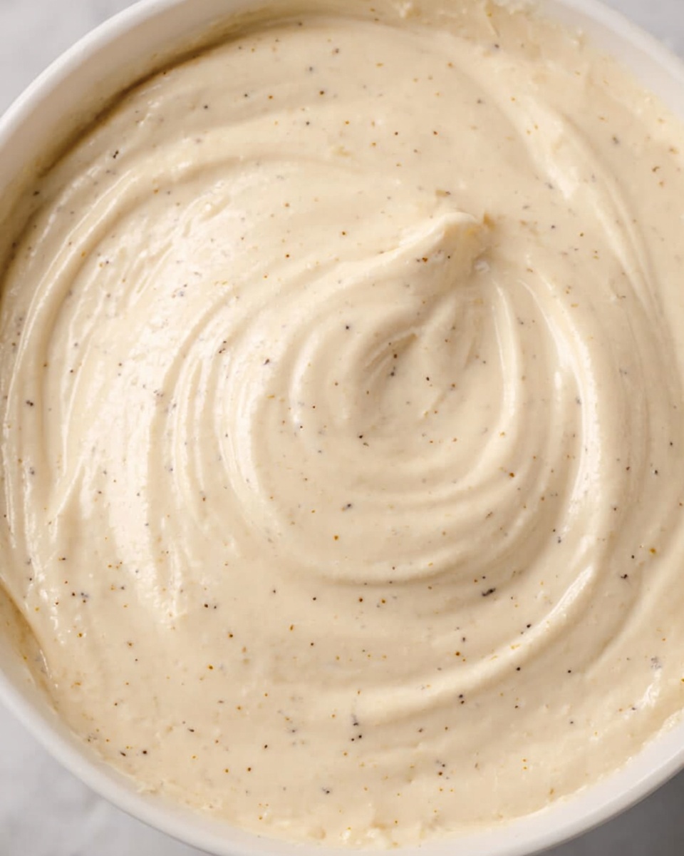 The image shows a close-up of a smooth, creamy mixture with a pale beige color and small dark specks evenly spread throughout. The texture looks thick and soft, with visible swirls and peaks on the surface, suggesting it was stirred gently. This creamy layer fills the entire visible area and is contained in a white bowl placed on a white marbled surface. The lighting highlights the glossy finish and the subtle details of the mixture. Photo taken with an iphone --ar 4:5 --v 7