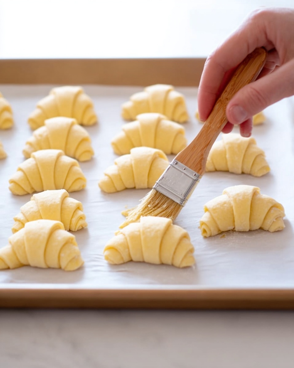 The image shows a close-up of a woman's hand holding a wooden brush, gently brushing a row of small rolled dough pieces arranged in three rows on a white baking tray lined with parchment paper. The dough pieces have a pale yellow color with smooth texture, and are shaped like crescent rolls with layered folds visible. The white baking tray sits on a white marbled surface, giving a clean and bright look to the scene. Photo taken with an iphone --ar 4:5 --v 7