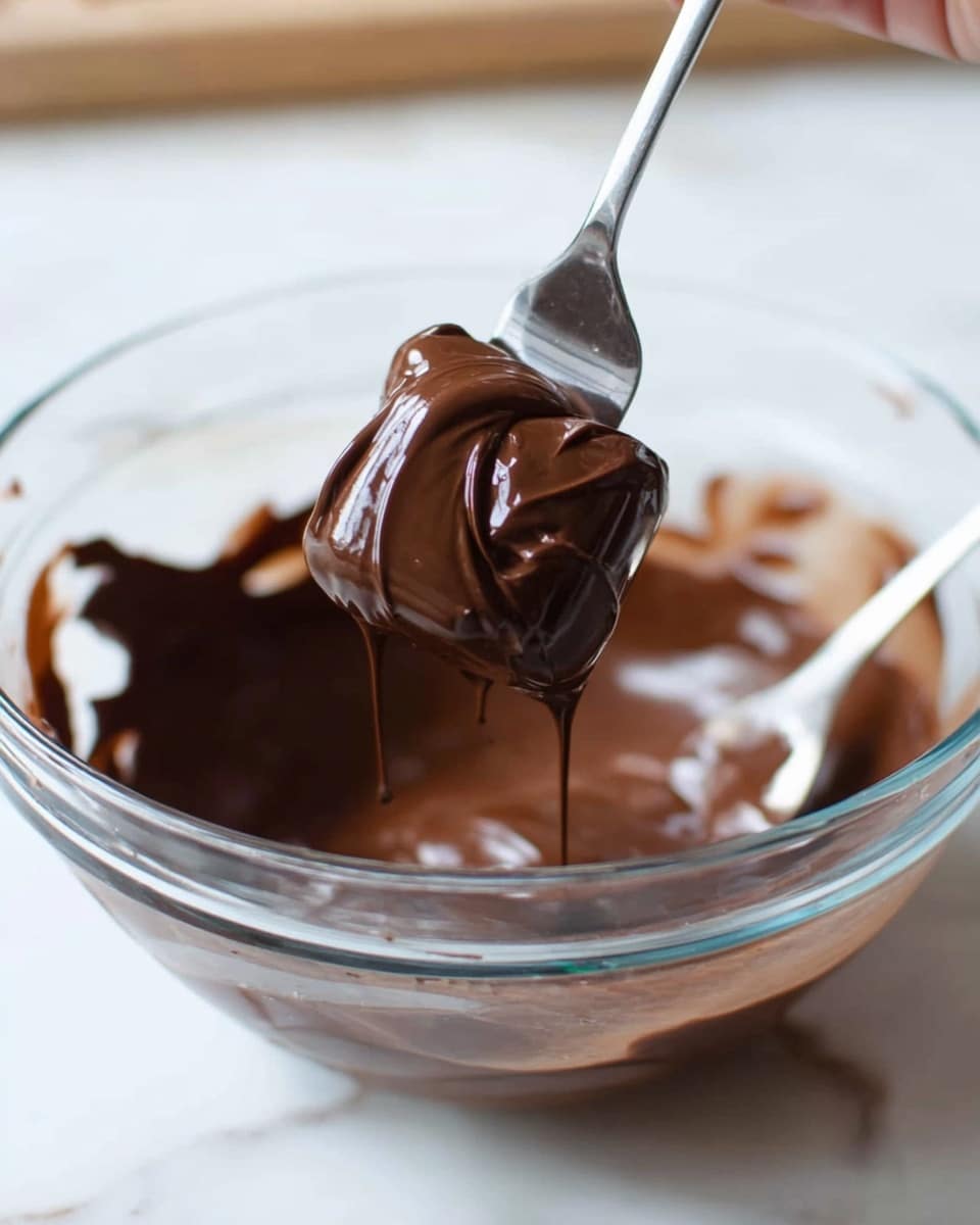 A close-up view of a clear glass bowl filled with thick, smooth, and shiny melted chocolate. A woman's hand holds a fork lifting a small square piece coated fully in the rich, dark chocolate from the bowl. The chocolate on the piece is glossy with soft folds and slight drips, showing its creamy texture. The bowl rests on a white marbled surface, and inside the bowl, a spoon is partly submerged in the melted chocolate. Photo taken with an iphone --ar 4:5 --v 7