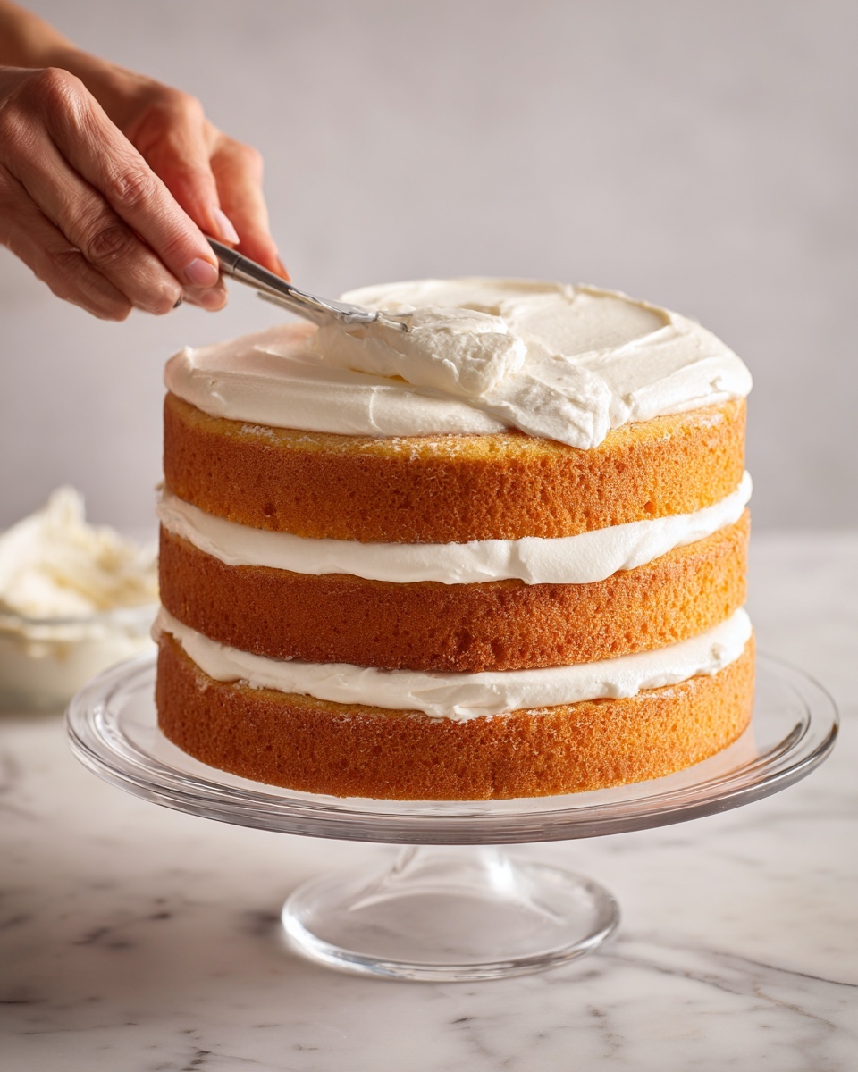 The image shows a three-layer round cake on a glass cake stand placed on a white marbled surface. Each cake layer is thick with a light golden-brown color and separated by a smooth, creamy white frosting layer. On the left, a woman's hand is spreading the white frosting evenly on the top layer with a metal spatula. On the right, the cake fully frosted with smooth white cream covers the top and sides neatly. The background is clean and subtle. Photo taken with an iphone --ar 4:5 --v 7