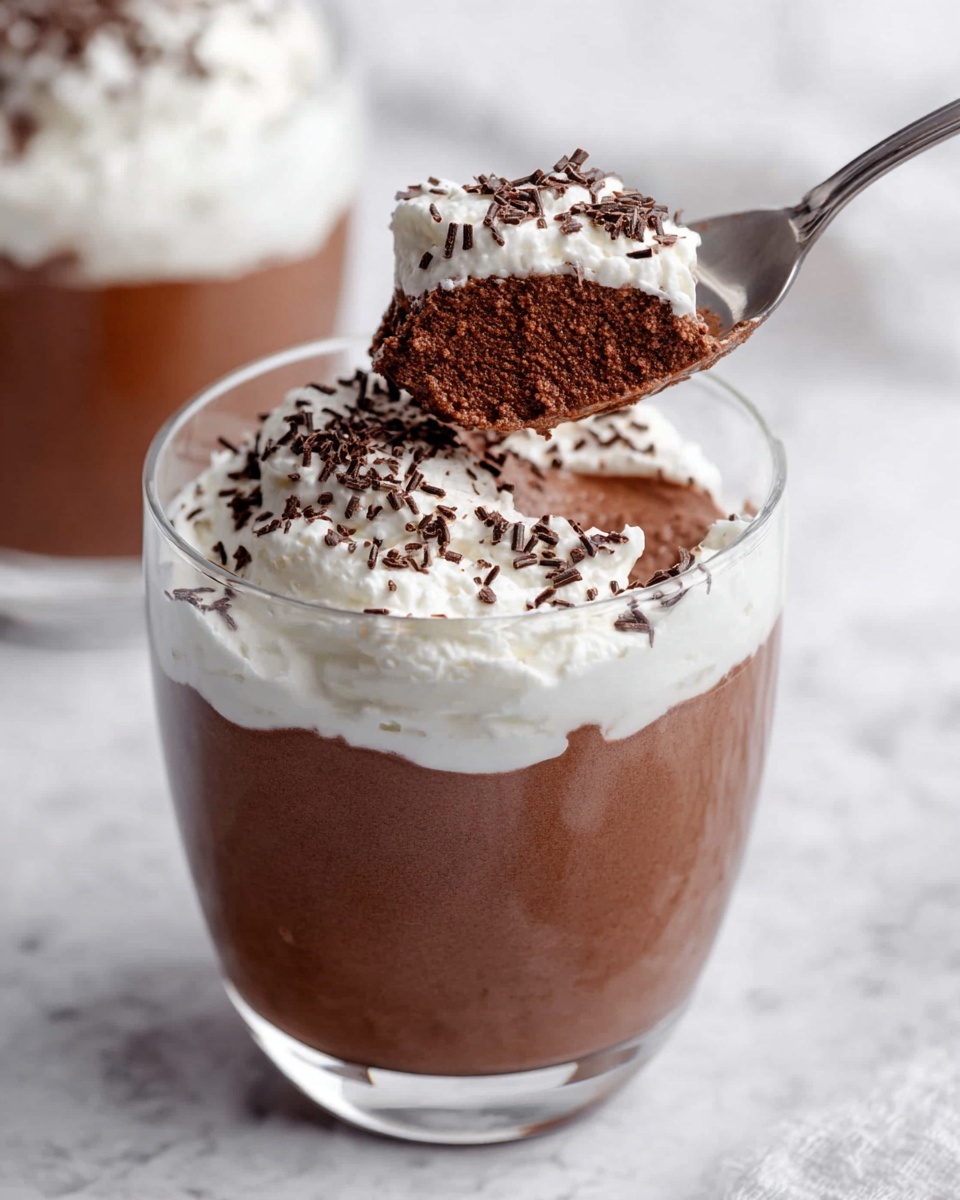 The image shows a clear glass filled about two-thirds with a smooth, rich chocolate mousse layer that is dark brown and creamy. On top of the mousse, there is a thick layer of white whipped cream sprinkled with small chocolate shavings. A spoon is lifting a scoop from the glass, showing the mousse layer underneath the whipped cream. The background and surface are white with a marbled texture, giving the scene a clean and bright look. Photo taken with an iphone --ar 4:5 --v 7