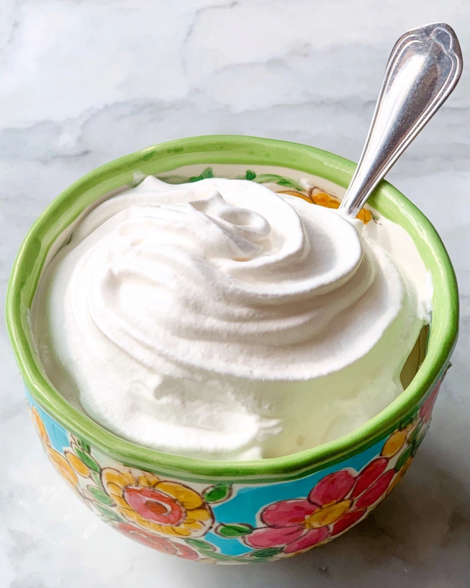 A colorful bowl with green rim and floral patterns filled with one thick layer of smooth white whipped cream swirled into a peak in the center. A shiny metallic spoon rests at the back edge of the bowl. Everything is placed on a white marbled surface. photo taken with an iphone --ar 4:5 --v 7