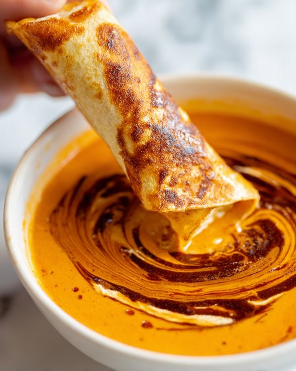 A close-up image shows a rolled tortilla or wrap being dipped into a bowl of thick, creamy orange soup. The tortilla has a golden-brown, crispy texture with some oil shine. The soup is smooth with swirls of dark brown sauce on the creamy orange surface, creating a marbled effect. A woman's hand is holding the tortilla, partially dipping it into the soup. The bowl is white and the background has a white marbled texture. Photo taken with an iphone --ar 4:5 --v 7