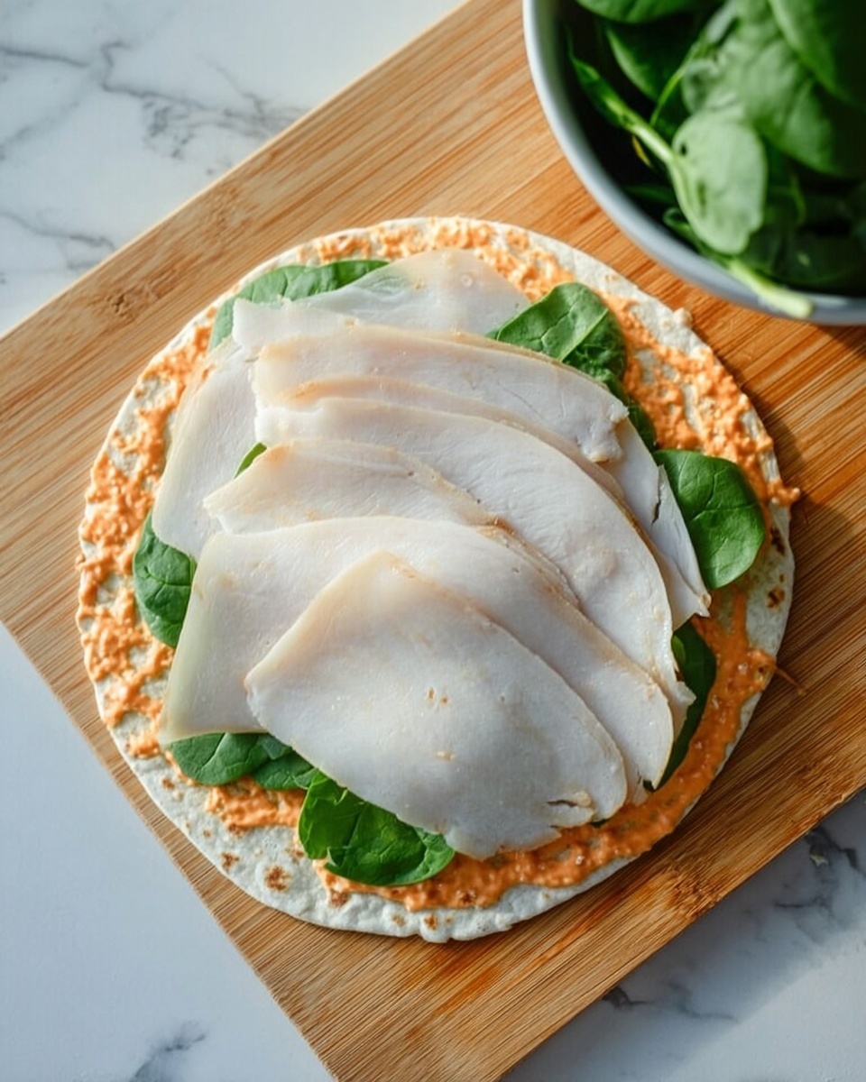 The image shows a tortilla wrap open on a wooden board over a white marbled surface. The tortilla has three visible layers inside: the bottom layer is a spread of light orange sauce, the middle layer is fresh green spinach leaves arranged unevenly, and the top layer consists of three large, thin slices of white turkey deli meat covering most of the spinach and sauce. In the upper right corner, a white bowl filled with extra fresh spinach leaves is partially visible. The colors contrast softly with the wooden board and white marbled background, creating a fresh and simple look. photo taken with an iphone --ar 4:5 --v 7