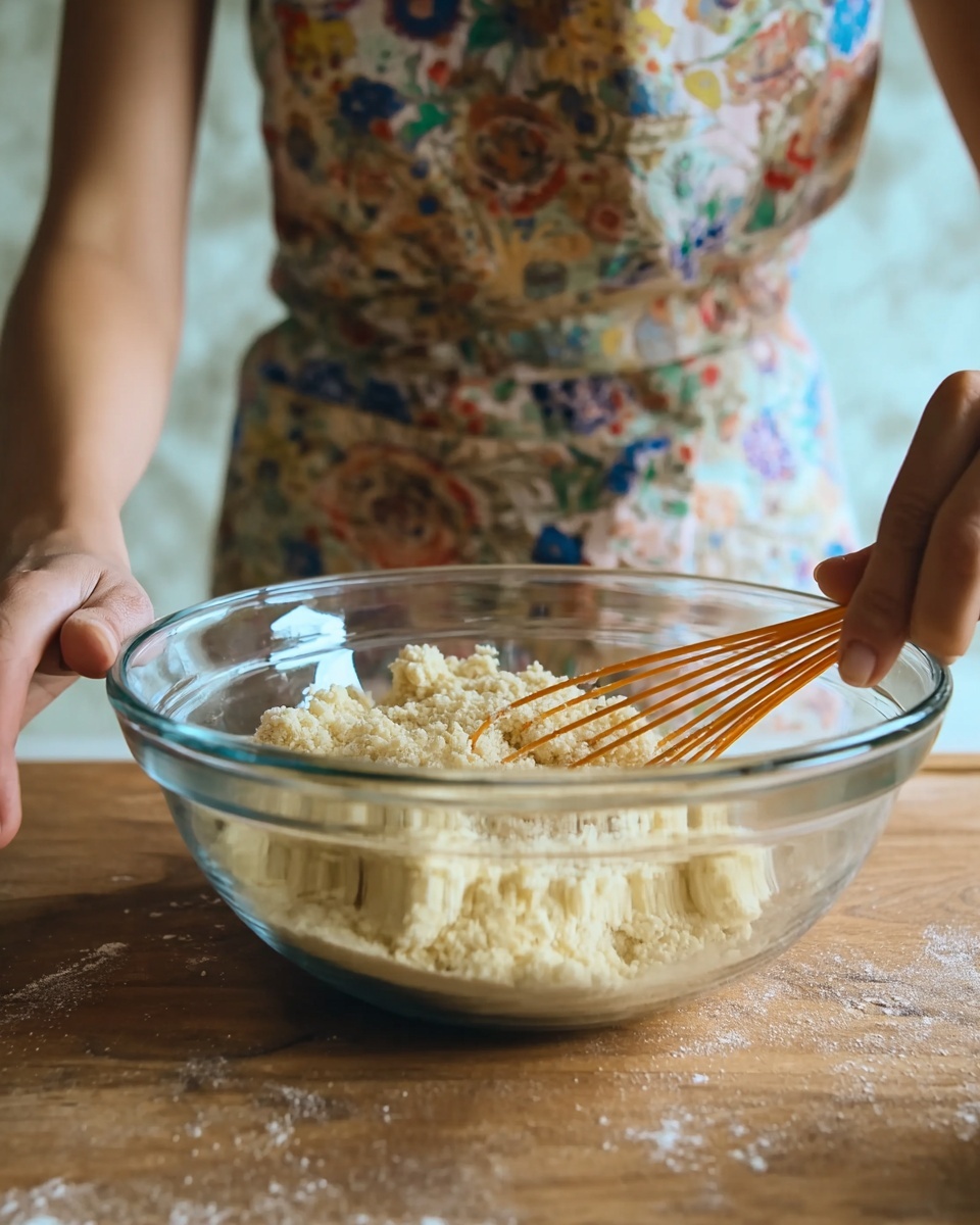 A clear glass bowl sits on a wooden table with light yellow and beige dry ingredients inside, showing a crumbly texture. Behind the bowl, a woman wearing a colorful apron with a floral pattern is reaching out with a woman's hand holding an orange whisk, ready to mix the ingredients. The scene is set against a soft, white marbled texture background. photo taken with an iphone --ar 4:5 --v 7
