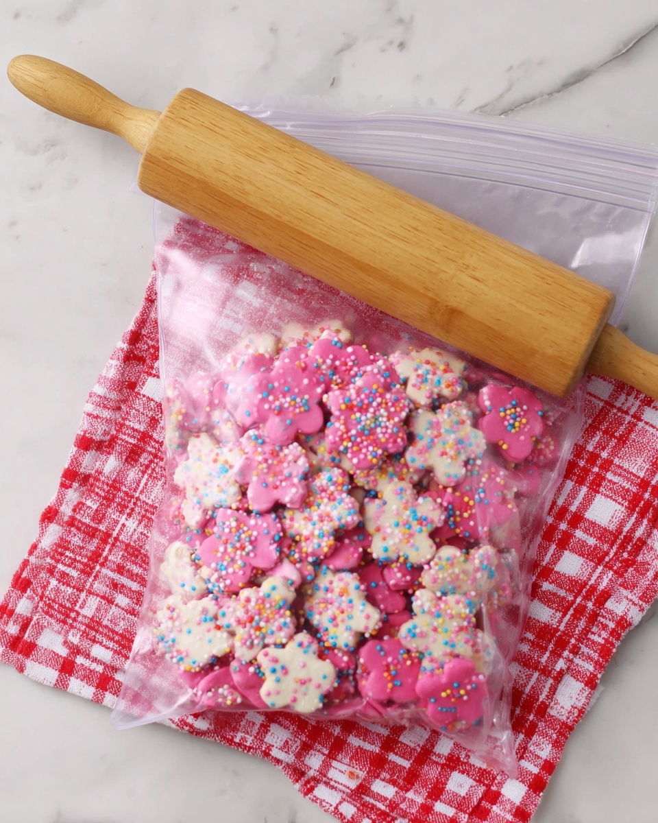A clear plastic zip-seal bag filled with pink and white flower-shaped cookies covered in colorful sprinkles is placed on a white marbled surface. On top of the bag, there is a wooden rolling pin resting horizontally. Below the bag, a red and white checkered cloth peeks out slightly. Photo taken with an iphone --ar 4:5 --v 7