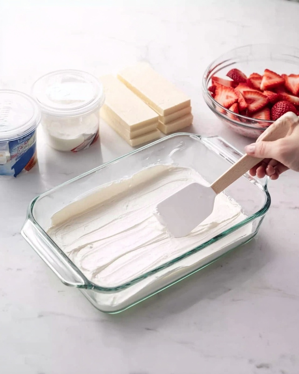A rectangular clear glass baking dish sits on a white marbled surface. A woman's hand holds a white spatula spreading a thick layer of smooth, white cream evenly across the bottom of the dish. Behind the dish, there are two unopened containers of white cream and a block of pale beige soft layers, possibly cake or tofu. To the right, a clear bowl holds bright red sliced strawberries. The scene is bright and clean, focusing on the preparation step of a layered dessert or dish. photo taken with an iphone --ar 4:5 --v 7