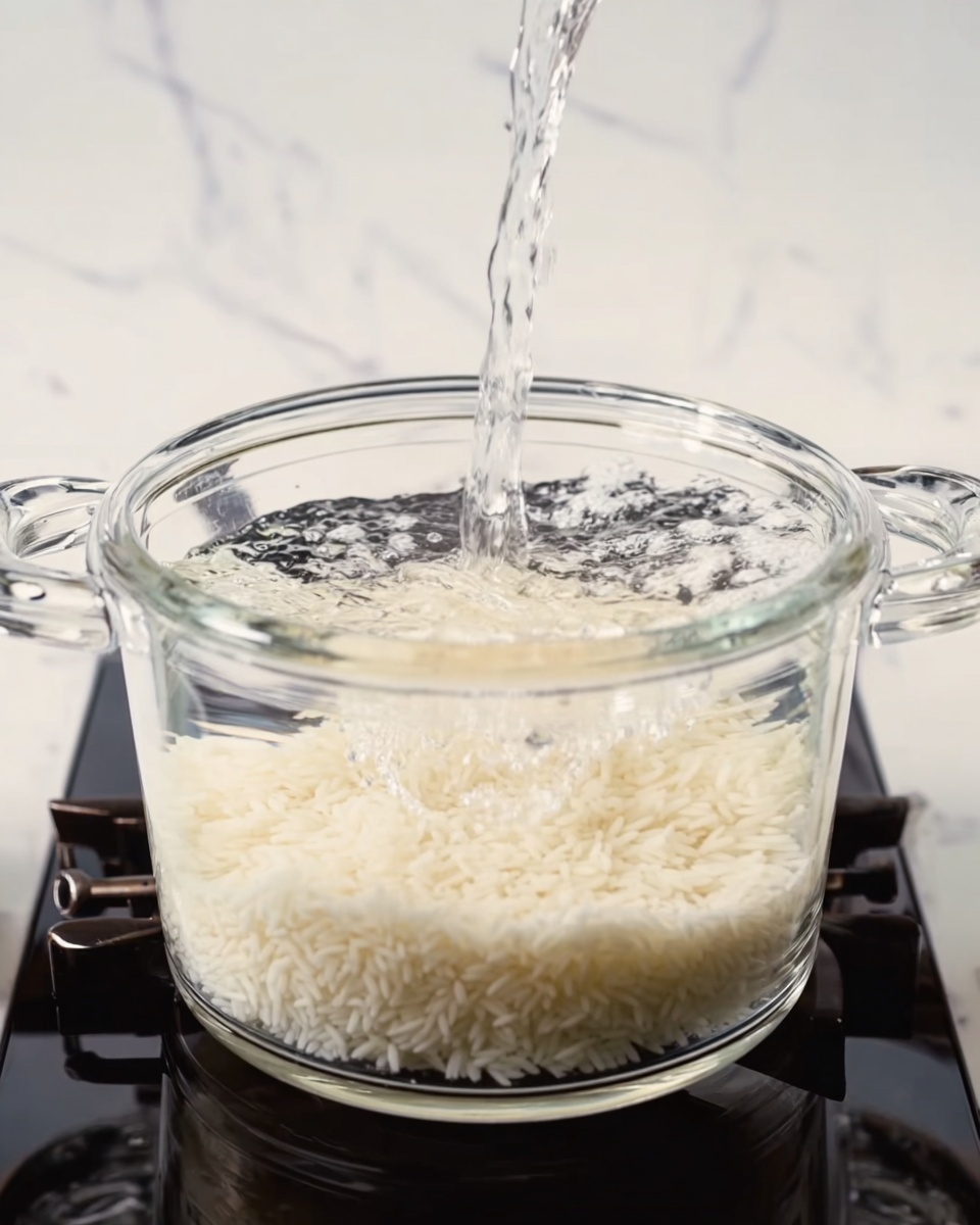 A clear glass pot is shown from the side, filled halfway with white rice at the bottom layer. On top of the rice, clear water is being poured, creating small bubbles where the water meets the rice. The pot has two handles on each side and sits on a black stove surface. The background and surrounding surface show a white marbled texture. photo taken with an iphone --ar 4:5 --v 7