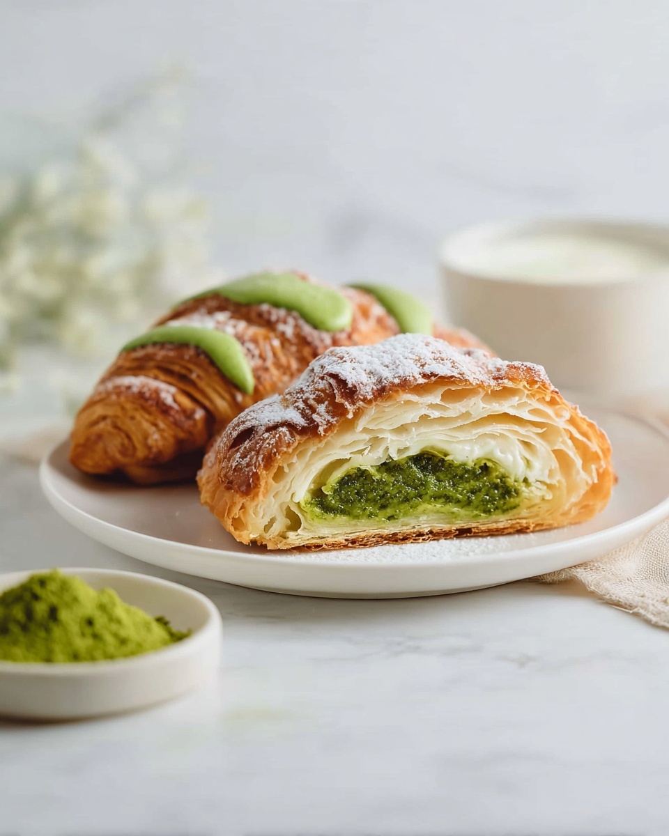 The image shows a white plate on a white marbled surface holding two croissants with a green filling. One croissant is whole with green sauce drizzled on top and powdered sugar dusted lightly over it. The second croissant is cut in half, placed in front, revealing four layers: a crispy light brown outer crust, a fluffy golden-brown flaky layer, a thick vibrant green filling in the center, and another fluffy layer beneath the filling. In the background, there is a white bowl with a creamy white sauce and a smaller white dish in the foreground with some green powder. The backdrop is clear and light, giving a fresh and clean look. Photo taken with an iphone --ar 4:5 --v 7