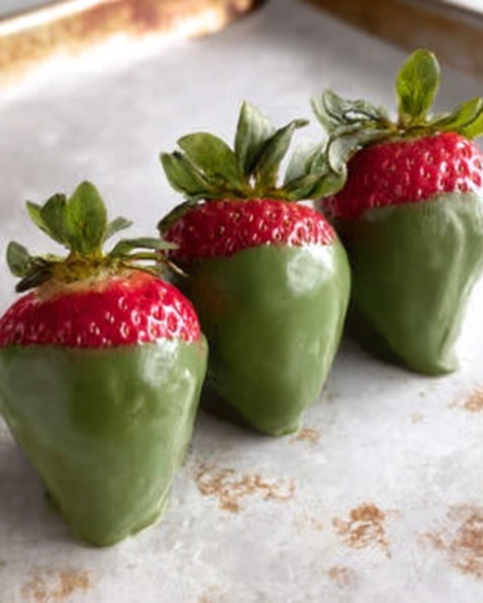 The image shows three strawberries dipped in green chocolate, placed side by side on a white baking tray with some brownish spots. Each strawberry is covered mostly in smooth green chocolate, leaving the bright red tops and green leaves visible. The strawberries are positioned evenly in a row, with the green chocolate layer thick and shiny. The background is a white marbled texture. photo taken with an iphone --ar 4:5 --v 7