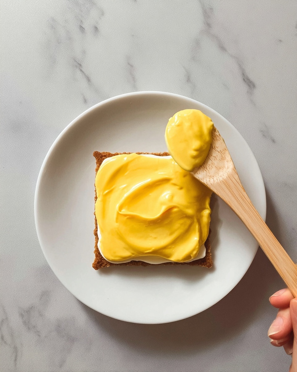 A white plate with a square brown pastry center topped with a thick, smooth, bright yellow cream spread unevenly. A wooden spoon, held by a woman's hand, is spreading more of the same yellow cream on the pastry. The plate is placed on a white marbled textured surface. photo taken with an iphone --ar 4:5 --v 7