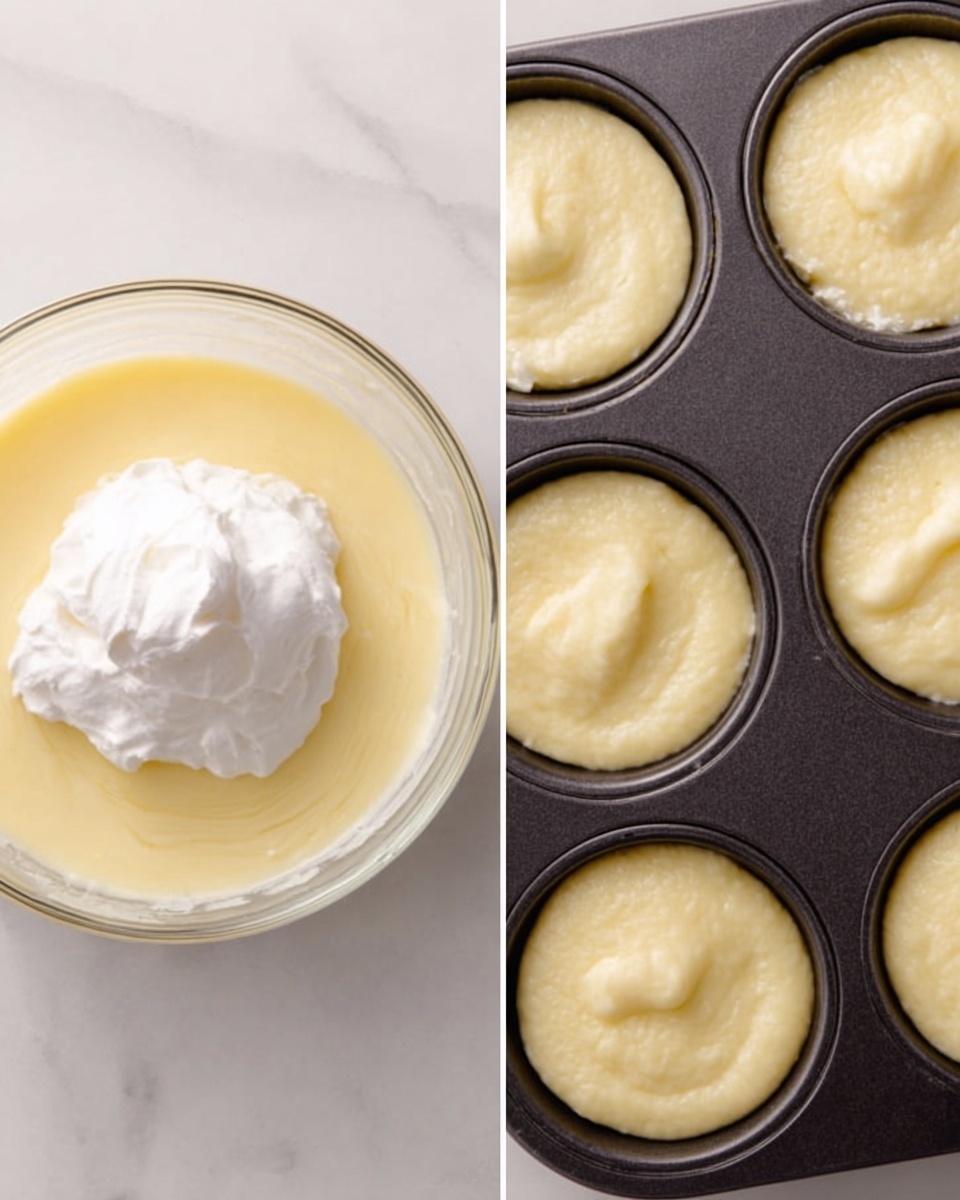 The image on the left shows a clear glass bowl filled with smooth light yellow batter, with a dollop of fluffy white whipped cream sitting on top near the center. On the right, there is a dark metal muffin tray holding six round cavities, each filled with a creamy light yellow batter that looks soft and smooth, resting on a white marbled surface. Photo taken with an iphone --ar 4:5 --v 7