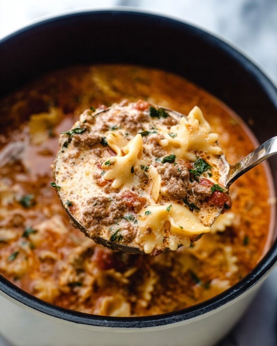 A ladle lifts a thick soup from a black pot with a white inside, showing layers of ingredients. The top layer is creamy and speckled with bits of green herbs. Beneath, chunky pieces of pasta in a pale yellow color mix with brown ground meat and small red tomato bits in a rich, reddish-brown broth. The soup looks hearty and textured with creamy, meaty, and soft pasta layers blending together. The pot sits on a white marbled surface. Photo taken with an iphone --ar 4:5 --v 7
