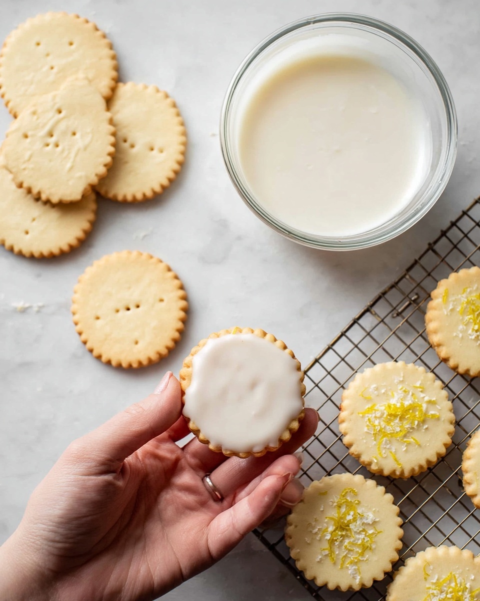 A close-up view of several round cookies with scalloped edges in a pale yellow color. Some cookies are plain with small holes on top and placed on a white marbled surface on the left side. A woman's hand is holding another cookie dipped in a smooth white glaze, positioned above a clear glass bowl filled with the same white glaze. On the right, more glazed cookies are set on a white wire cooling rack, each cookie topped with a light sprinkling of yellow zest. The whole scene is set on a white marbled surface. photo taken with an iphone --ar 4:5 --v 7