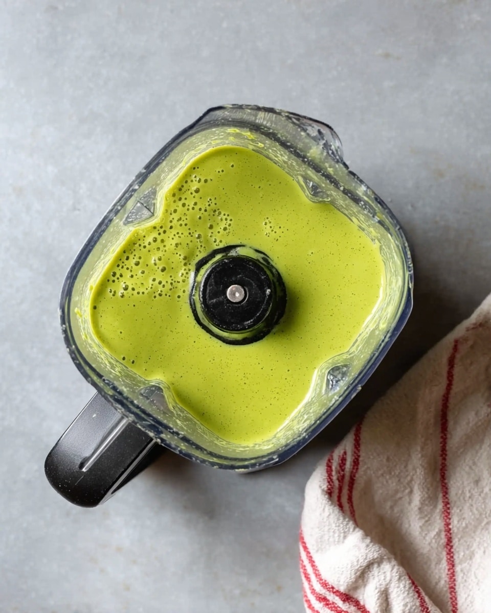 A top view of a blender container filled with bright green, smooth sauce or dressing. The sauce has a glossy texture with some small bubbles on the surface. The black blender blade is visible in the middle, partially covered by the sauce. To the right side of the blender, there is a white cloth with red stripes placed loosely on a white marbled surface. The overall color contrast between the green sauce, black blade, and white cloth on the light background is clear and simple. photo taken with an iphone --ar 4:5 --v 7
