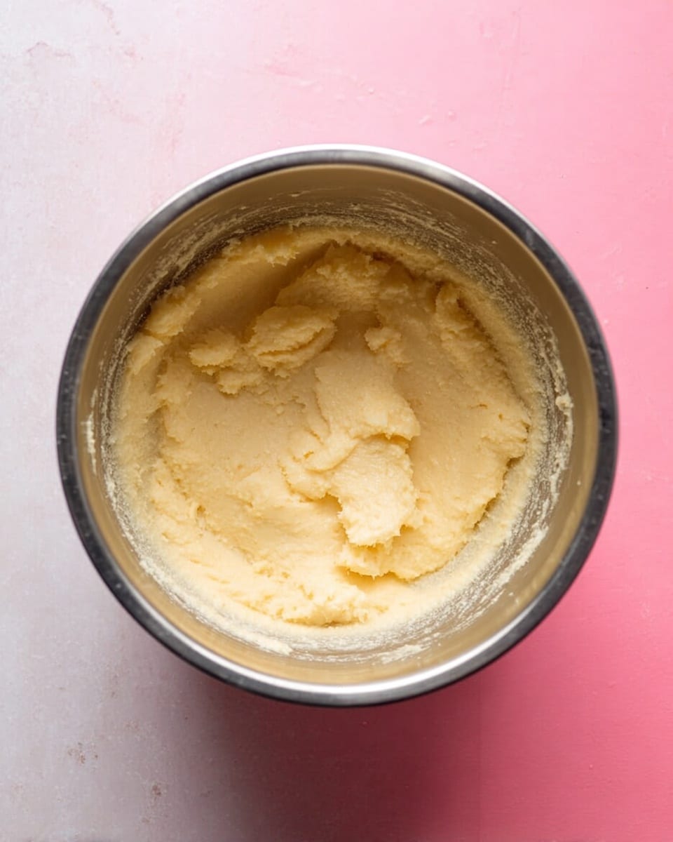 A top view of a metal mixing bowl filled with pale yellow, creamy batter with a smooth and soft texture, sitting on a white marbled surface. The batter has been mixed evenly and spreads slightly outward in the bowl, showing small peaks and smooth valleys within. The bowl’s shiny metallic sides reflect some light, contrasting with the bright pink background around it. photo taken with an iphone --ar 4:5 --v 7