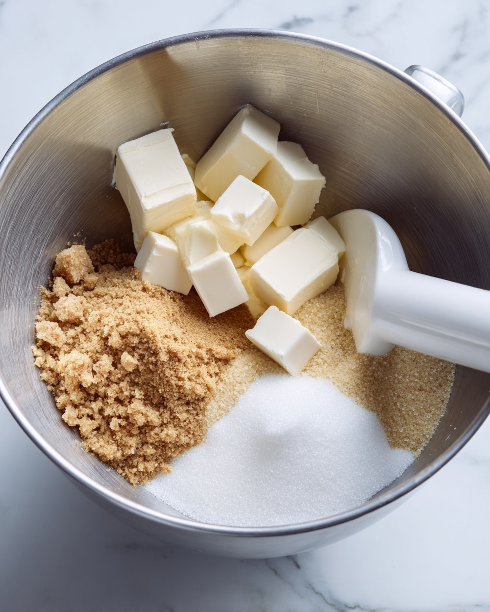 Inside a large silver mixing bowl placed on a white marbled surface, there are three different ingredients separated but close together: white cubes of butter, light brown packed sugar, and white granulated sugar. These ingredients are placed side by side in the bowl. A white mixer paddle is resting inside the bowl near the brown sugar, angled slightly toward the right. The bowl's metallic inner surface reflects some color softly. photo taken with an iphone --ar 4:5 --v 7