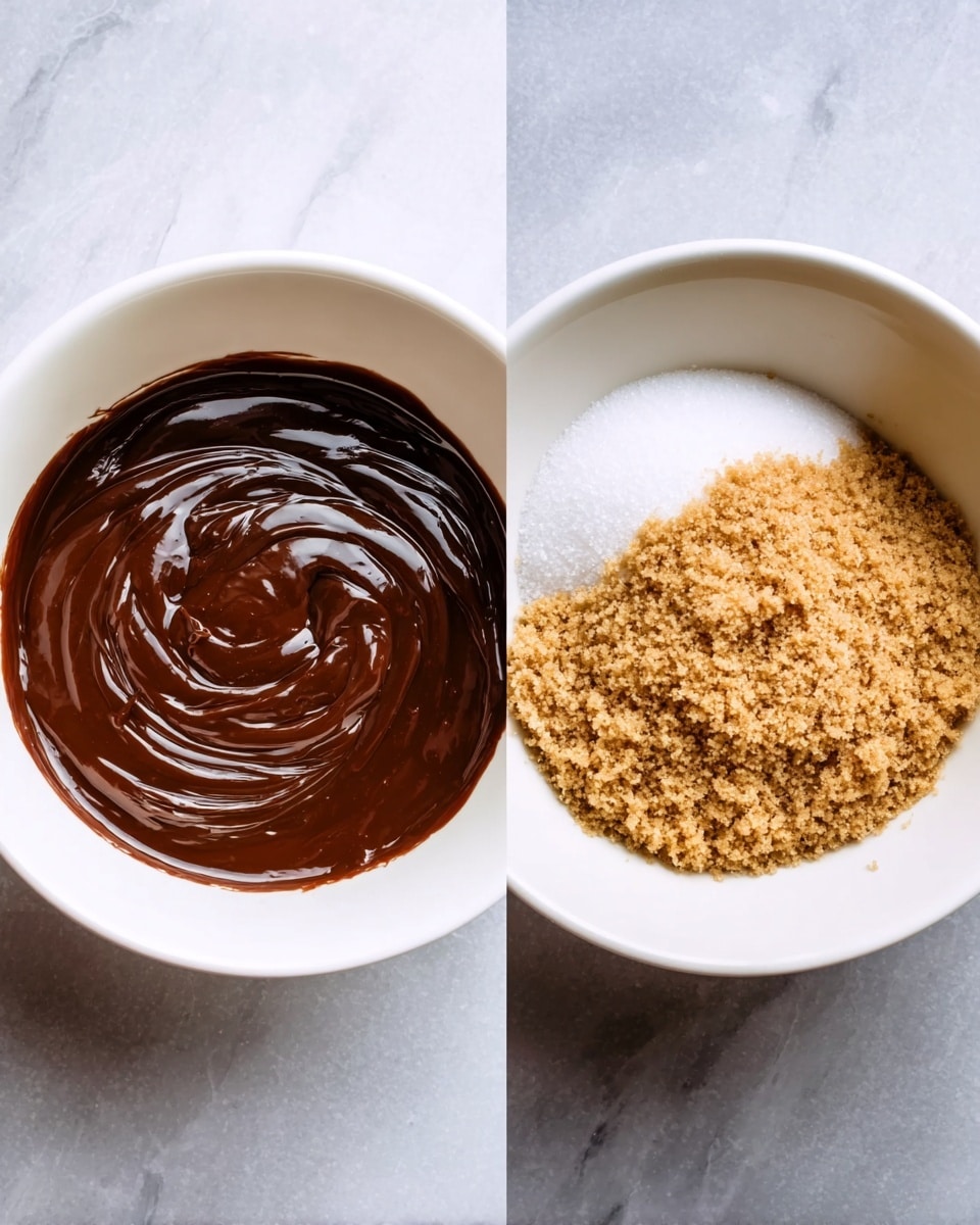 A white bowl filled with a thick, smooth, dark chocolate mixture, showing a glossy surface with gentle swirls. Next to it, another white bowl contains three layers: a dark brown chocolate base on the left side, a white layer of granulated sugar on the top right, and a light brown crumbly layer of brown sugar piled on the bottom right. Both bowls are placed on a white marbled surface. Photo taken with an iphone --ar 4:5 --v 7