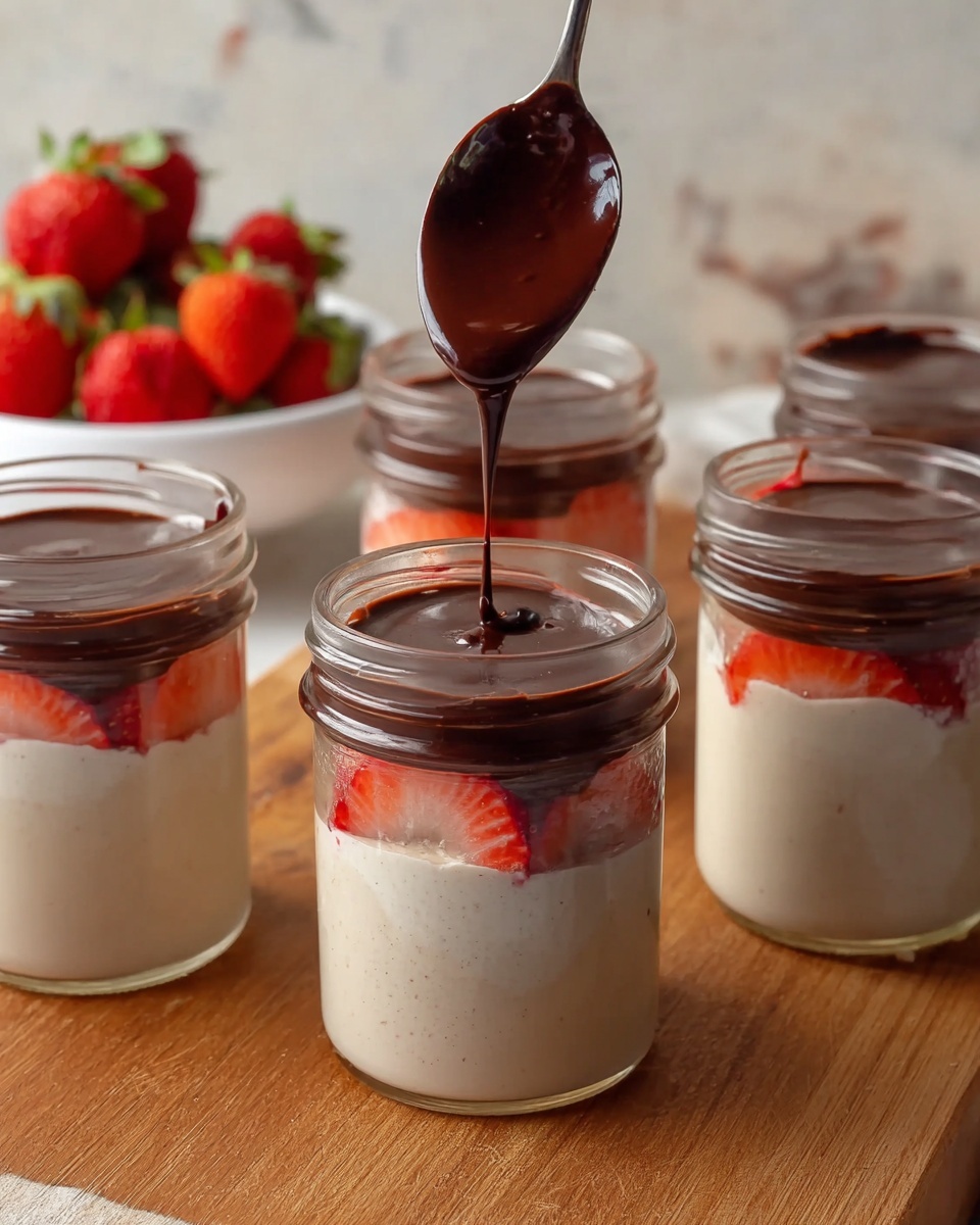 There are five glass jars filled with a three-layer dessert, each with slices of red strawberries at the bottom. The middle layer is a light beige creamy mixture, smooth and thick, filling most of the jar. A shiny dark chocolate sauce is being poured with a spoon on top of one of the jars, creating a glossy, rich dark brown layer. In the background, a white bowl of whole fresh strawberries and other jars with the same dessert are placed on a wooden surface. The background is a white marbled texture photo taken with an iphone --ar 4:5 --v 7