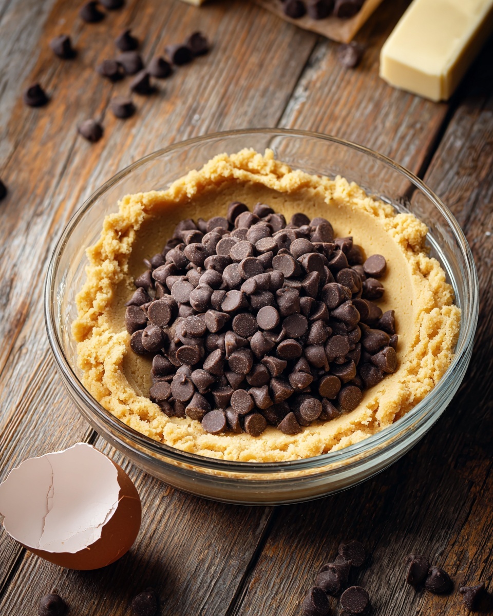 A clear glass bowl sits on a wooden surface filled with thick, light golden cookie dough pressed around the edges, creating a shallow circular base. On top of the dough, a generous pile of smooth, dark brown chocolate chips covers the center, contrasting with the dough’s soft, slightly crumbly texture. To the left bottom corner of the bowl lies a cracked white eggshell, and in the background on the wooden surface are scattered chocolate chips and a partially visible butter stick. The whole scene is warm-toned, highlighting the rich colors and textures of the dough and chocolate chips photo taken with an iphone --ar 4:5 --v 7