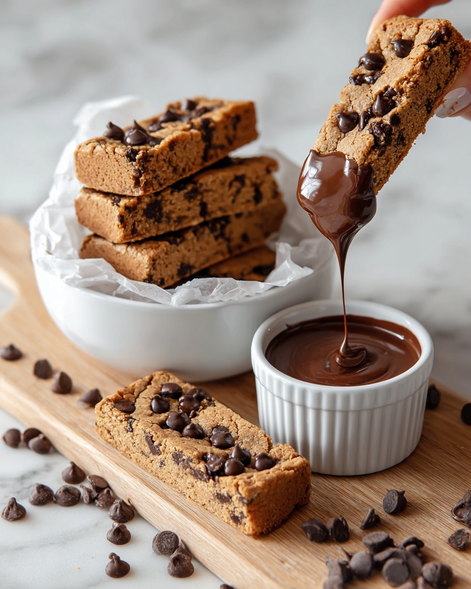 The image shows several light brown, rectangular chocolate chip cookie bars with dark brown chocolate chips embedded on the surface. Some cookie bars are stacked loosely in a white bowl lined with white crinkled parchment paper on the left side. On the right, a woman's hand is dipping a cookie bar into smooth melted milk chocolate in a small white ramekin, with melted chocolate dripping gently from the bar. Two cookie bars lie flat on the wooden board beside the ramekin, surrounded by scattered chocolate chips. The background is a white marbled texture. Photo taken with an iphone --ar 4:5 --v 7