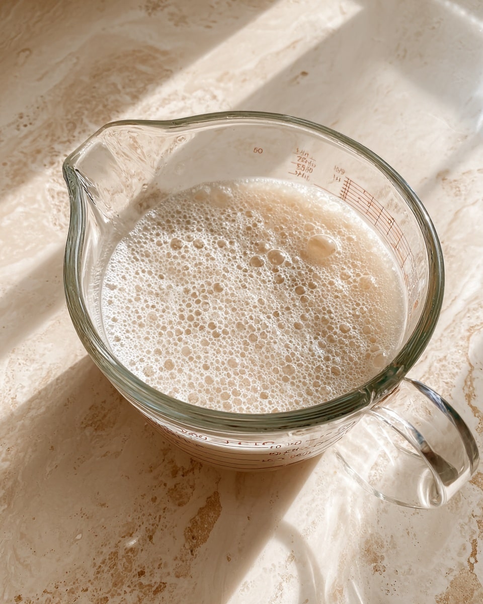 A clear glass bowl is placed on a white marbled surface, filled with a pale, frothy liquid that has many small bubbles evenly spread across its surface, creating a textured look. The bowl has measurement markings on the side and a clear handle. The background is softly lit, focusing on the bubbling liquid inside the bowl photo taken with an iphone --ar 4:5 --v 7