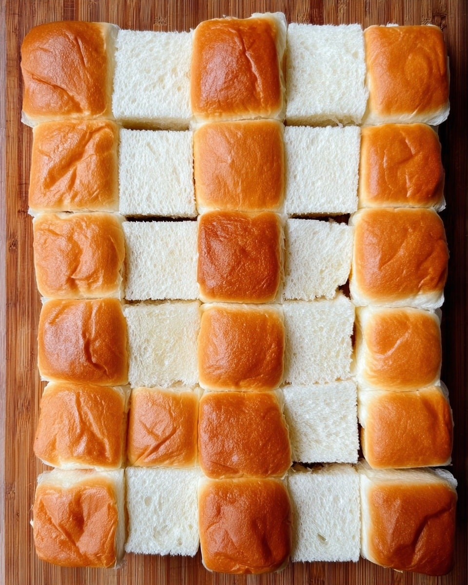 The image shows a wooden board with 25 small square sandwich pieces arranged in a 5x5 grid. Each square piece is either the soft, golden brown top bun or the white inner bread, laid out alternately like a checkerboard. The top buns have a smooth, slightly wrinkled texture, and the inner bread pieces appear soft and airy with a light, spongy texture. The colors are warm and inviting, with the buns forming a repeating pattern with the white bread below, all placed evenly and neatly on the wooden surface. Photo taken with an iphone --ar 4:5 --v 7