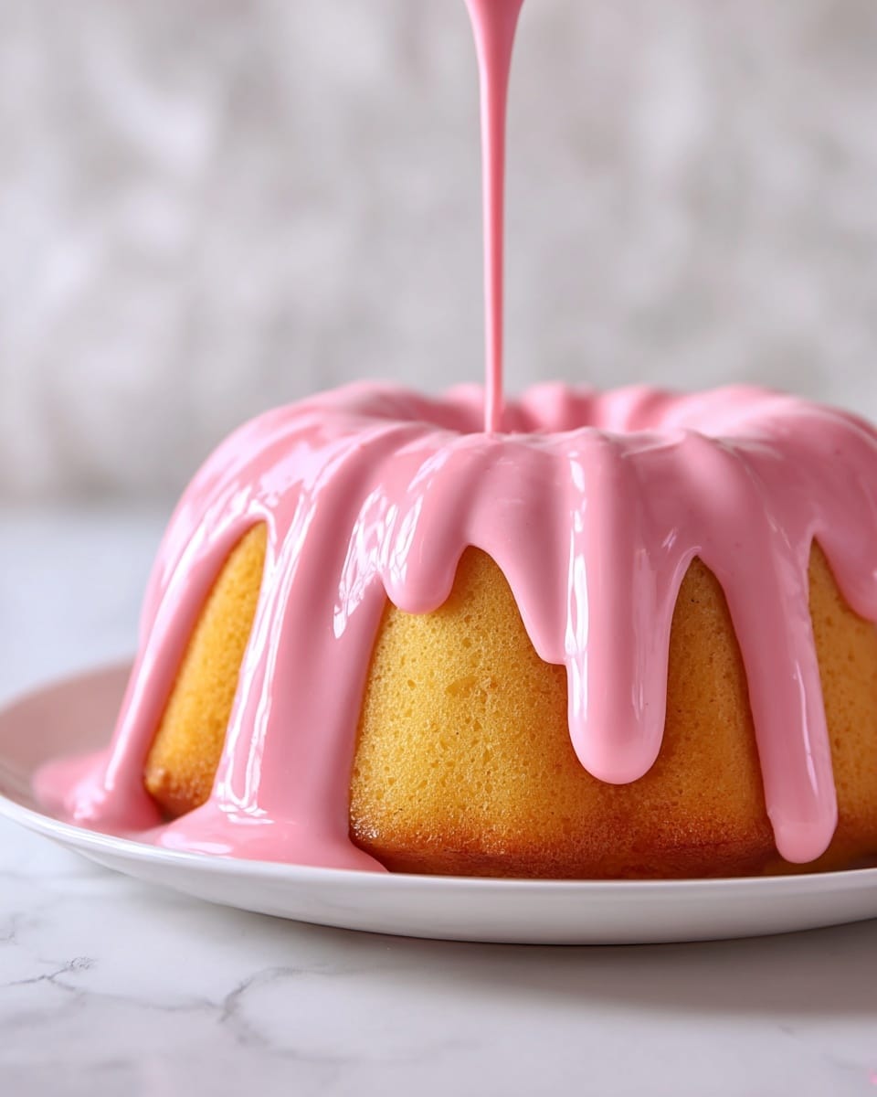 A single-layer golden yellow bundt cake sits on a white plate, its smooth surface slightly browned at the bottom edges. Thick, shiny, pale pink icing is poured from above, flowing over the cake’s ridged curves and dripping down the sides in soft folds, pooling slightly around the cake base on the plate. The background and surface beneath the plate show a white marbled texture, adding a clean and elegant feel to the scene. Photo taken with an iphone --ar 4:5 --v 7