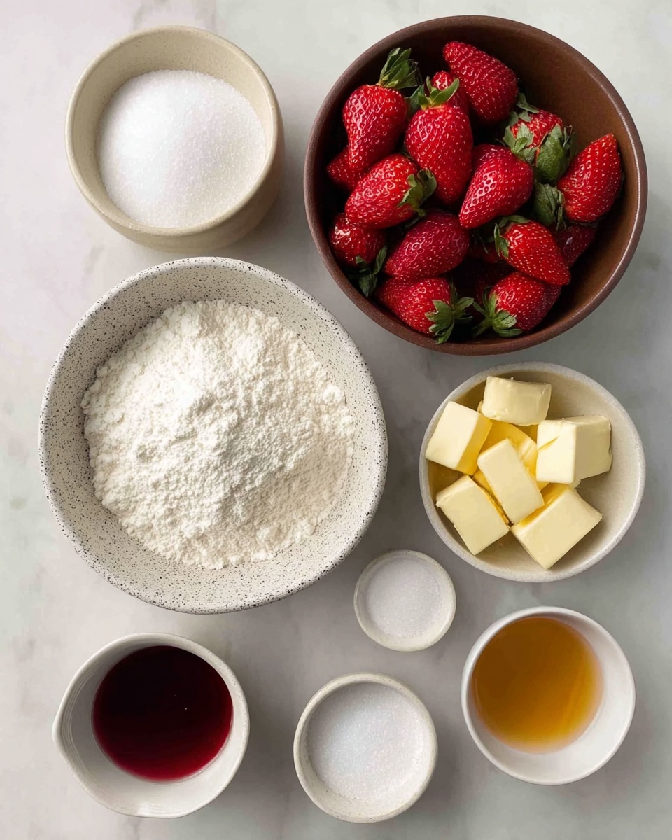 The image shows seven bowls arranged on a white marbled surface. At the top right is a brown bowl filled with fresh red strawberries with green leaves. To the top left is a small white bowl filled with white sugar. Below it, slightly to the center left, is a larger speckled white bowl filled with white flour. To its right is a small white bowl containing yellow cubes of butter. Below the butter bowl is a tiny white bowl with a small amount of white baking powder or soda. At the bottom left is a small white bowl holding a dark red liquid, likely vanilla or berry extract. Finally, at the bottom right is a small white cup filled with a golden liquid, possibly syrup or honey. Photo taken with an iphone --ar 4:5 --v 7